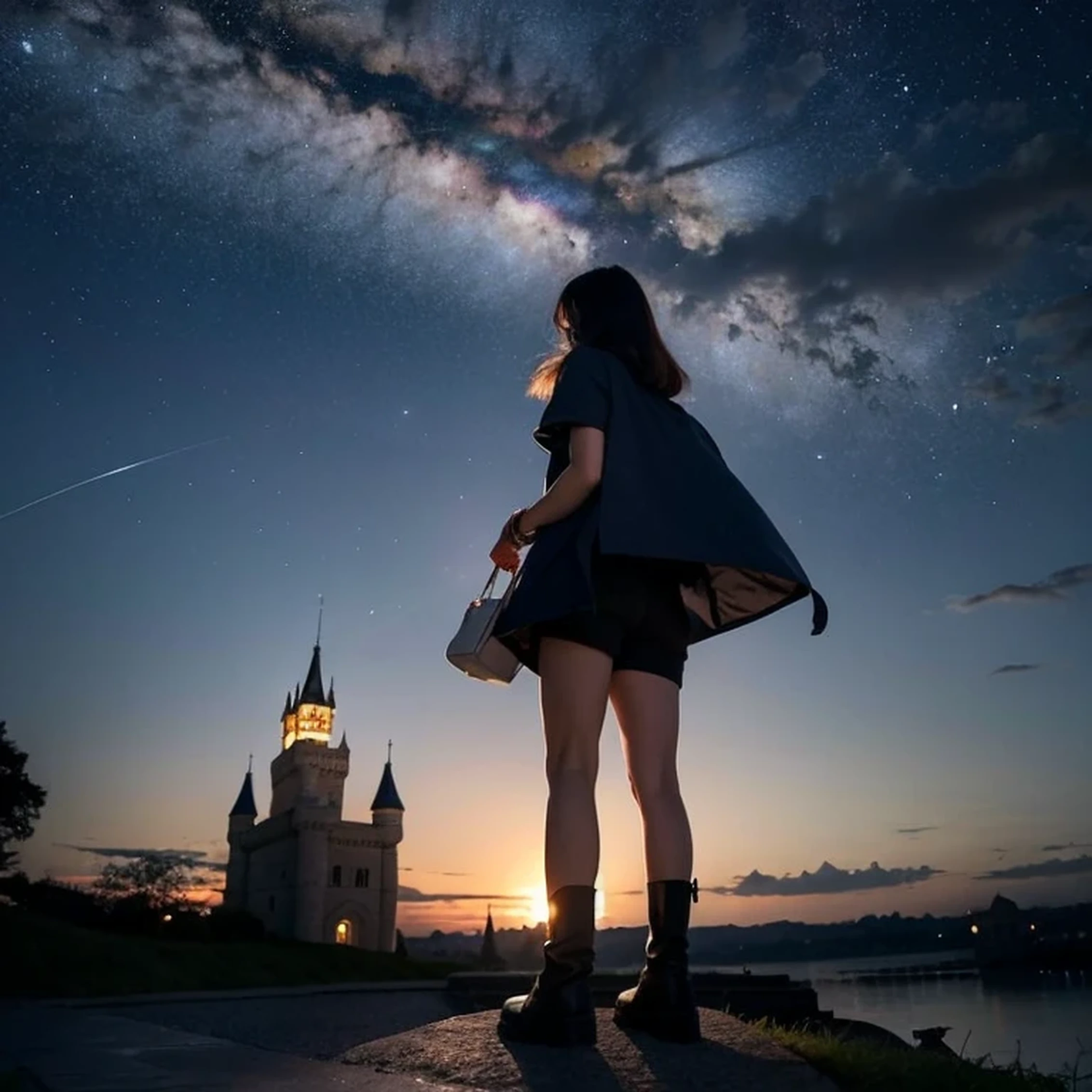 night sky, castle,  1girl, standing, solo, full body, , maribe, puffy short sleeves,  cape, bag