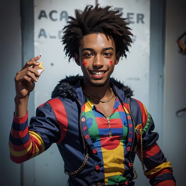 Young black man smiling painted as gloomy clown