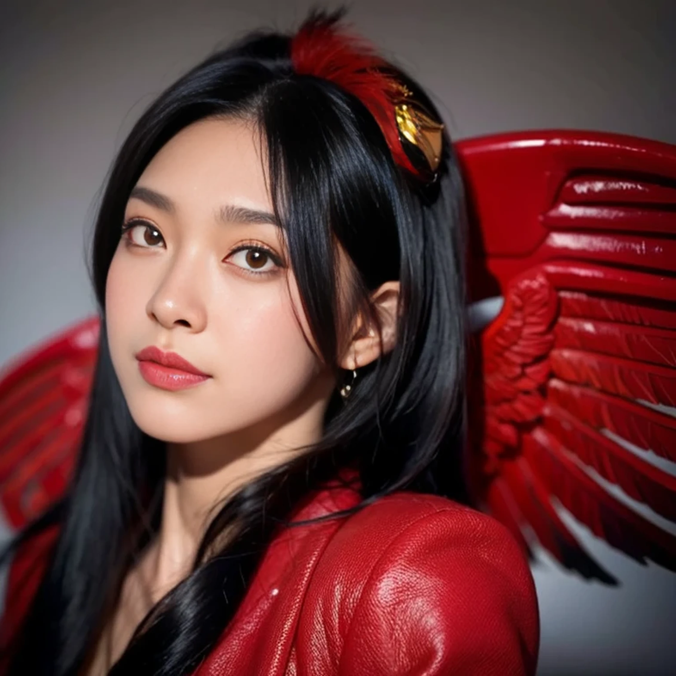 a lion, black hair, red eyes, wings, very monstrous