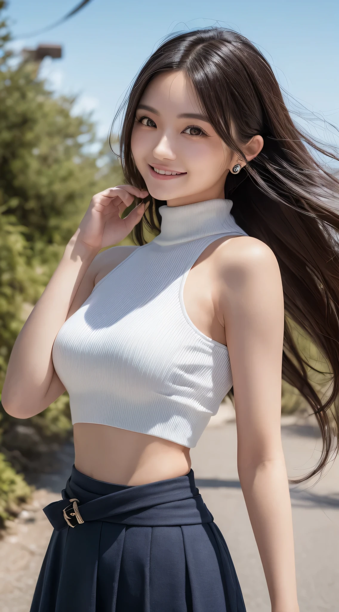 Best quality, masterpiece, ultra high res, photorealistic, Beautiful woman, shorts, crop-top, black hair, smile, pale skin, bokeh