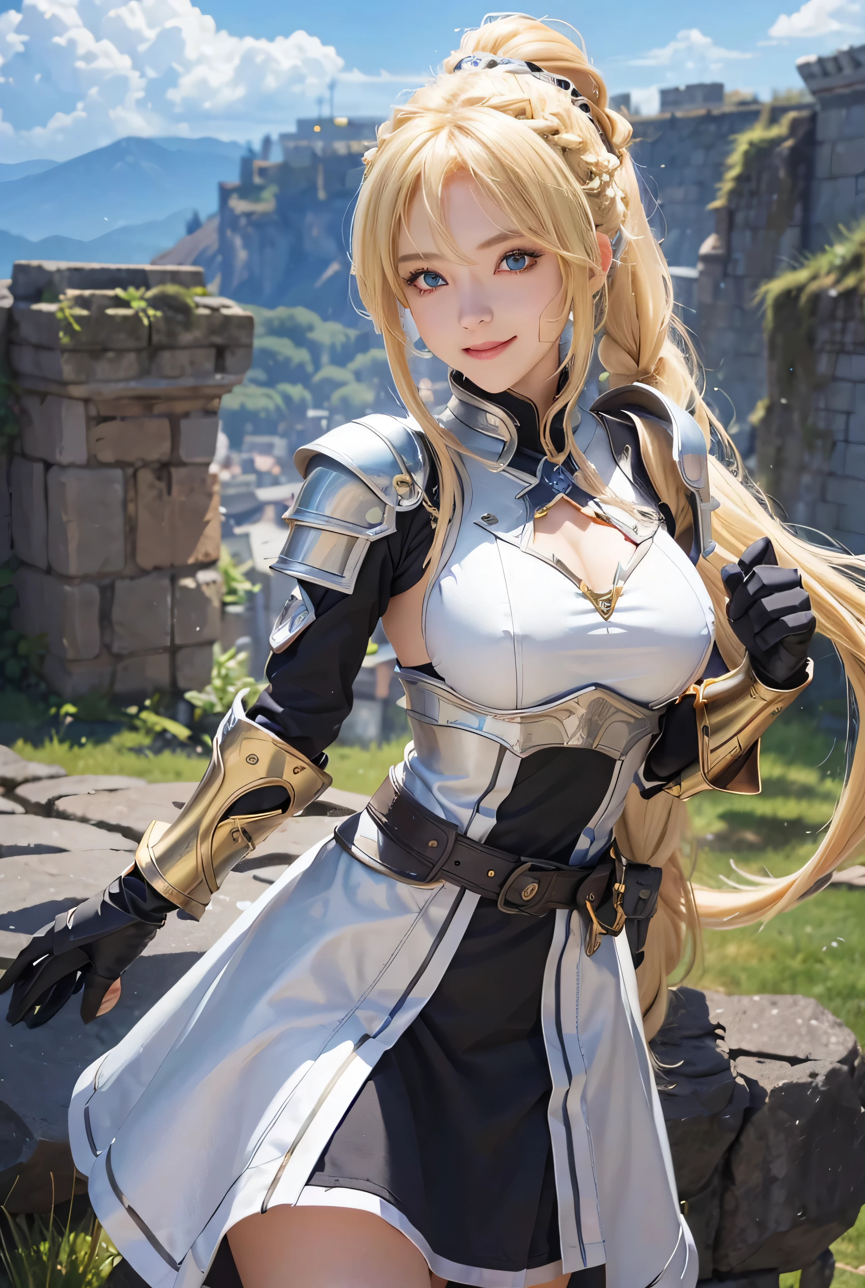 best quality, highres, 1girl, long hair, blonde hair, x hair ornament, armor, blue eyes, ponytail, hair ornament, gloves, shoulder armor, braid, black gloves, pauldrons, white boots, darkness \(konosuba\), large breasts, cowboy shot, castle, outdoors, smile,