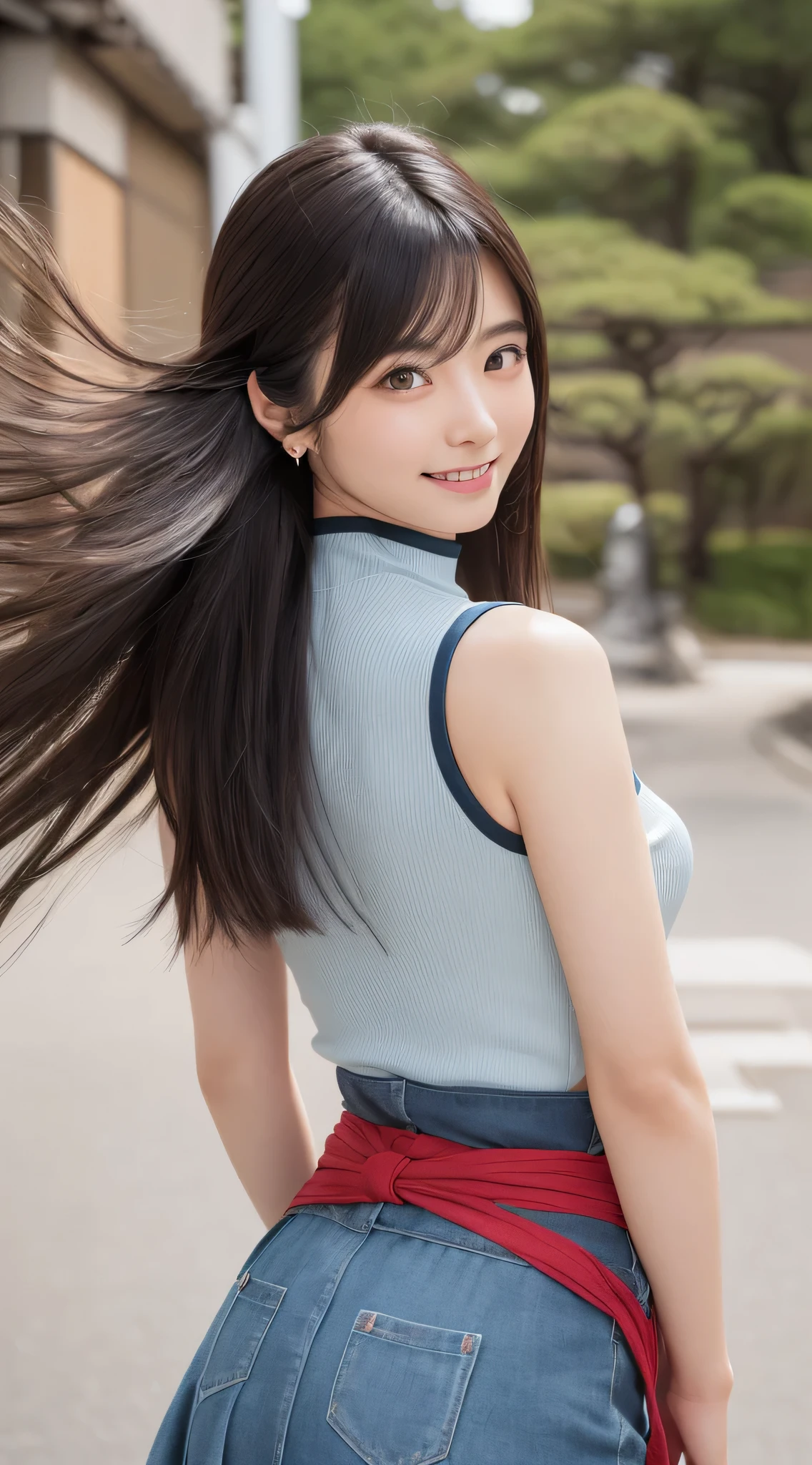 （One Woman）,(Bursting smile:1.5),(Look at viewers:1.1）,（hide one's hands:2.0）,(Beautiful Japan Woman）,（hair behind ear, hair over shoulder, straight haired, Long hair, strong wind in the hair:1.5), （High neck sleeveless , tight skirts:1.5), （high-heels;1.3), detailed  clothes, (Perfect female body), (Narrow waist:1.5), (Bust Up Portrait:1.3), Dynamic Pose, Cinematic Light, shores
