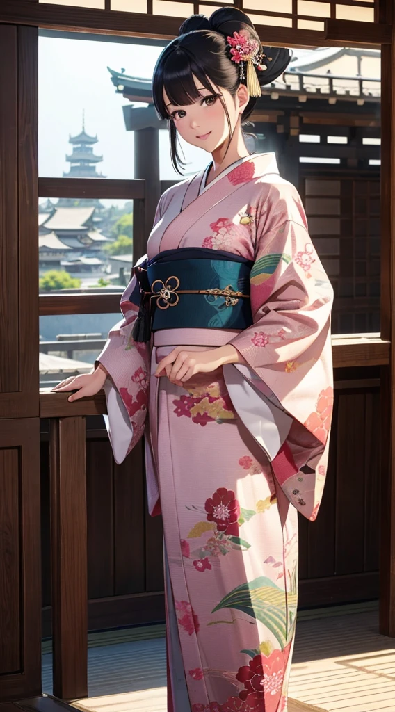 Best Quality, masutepiece, 超A high resolution, (Photorealistic:1.4), Raw photo, One bewitching woman, 0s,Kimono beauty with a crane pattern, gros-plan, Looking at Viewer, castle town, Farbe々Hairstyle, Hair Ornament,Beautiful photos,is beautiful,fullbody image,
