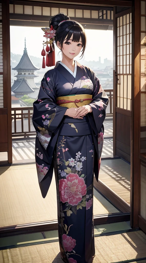 Best Quality, masutepiece, 超A high resolution, (Photorealistic:1.4), Raw photo, One bewitching woman, age 40s,Kimono beauty with a crane pattern, gros-plan, Looking at Viewer, castle town, Farbe々Hairstyle, Hair Ornament,Beautiful photos,is beautiful,fullbody image,