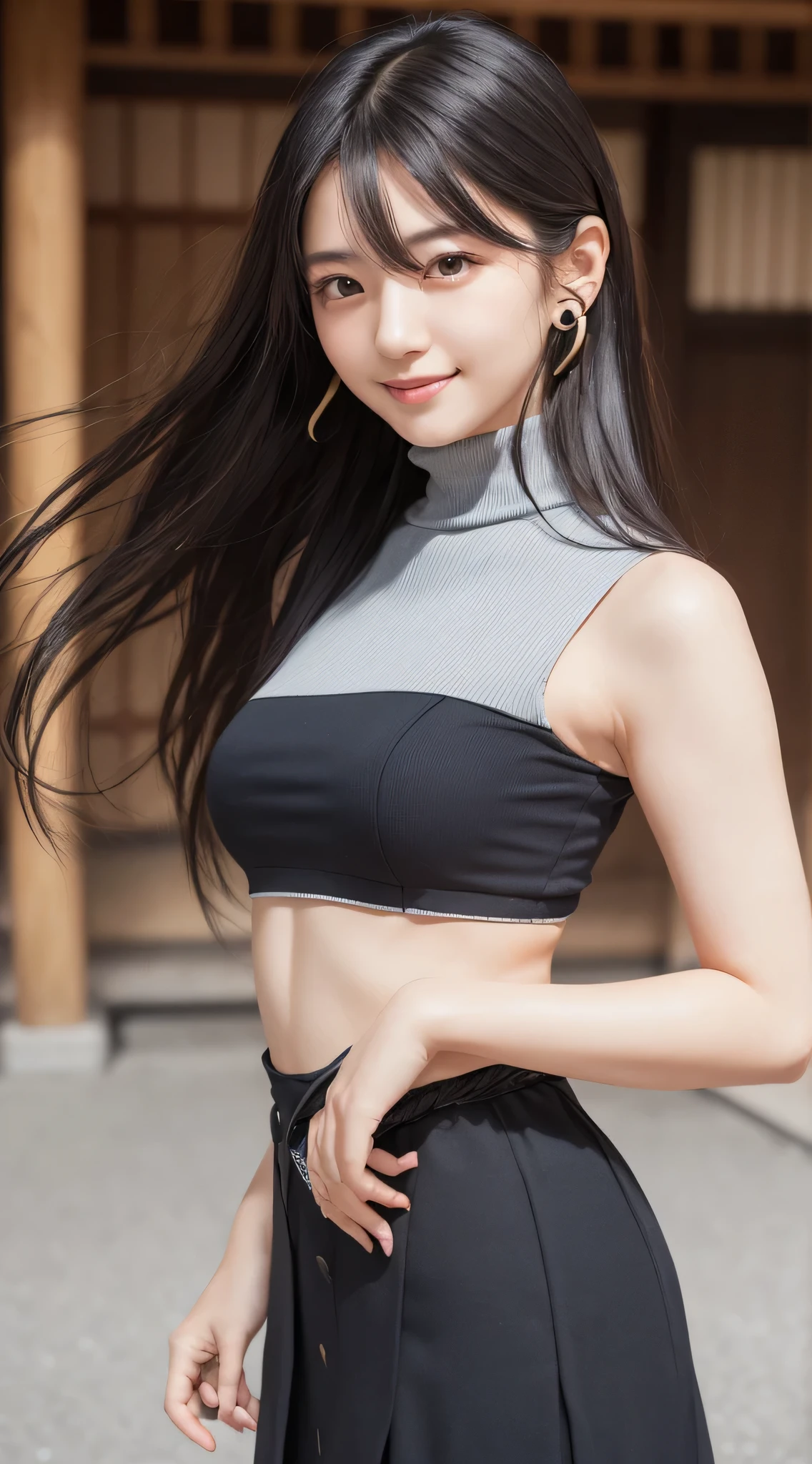 (masterpiece:1.3), (Best Quality:1.3), (Ultra-detailed:1.2), ((kawaii)), Cute, (lovely), ((sexy)), ((Extremely detailed)), 4K, (8K), Best Quality, (Beautiful), Illustration, anime style, (bold line:1.2), Gradation, looking at viewer, //, (bent down:1.1), (arms behind back), //, a cute girl, 1girl, (solo:1.2), gleaming skin, //, (flat chested), (Perfect eyes:1.2), (Perfect iris:1.2), //, darkblue hair color, (beautiful eyes) //, (half closed eyes:1.3), (sexual expression:1.2), Fascinated expression, smile, (blush:1.2), //, modern city background, on rock, twin tails, muscle girl, hard abs, exposed abs, skirt