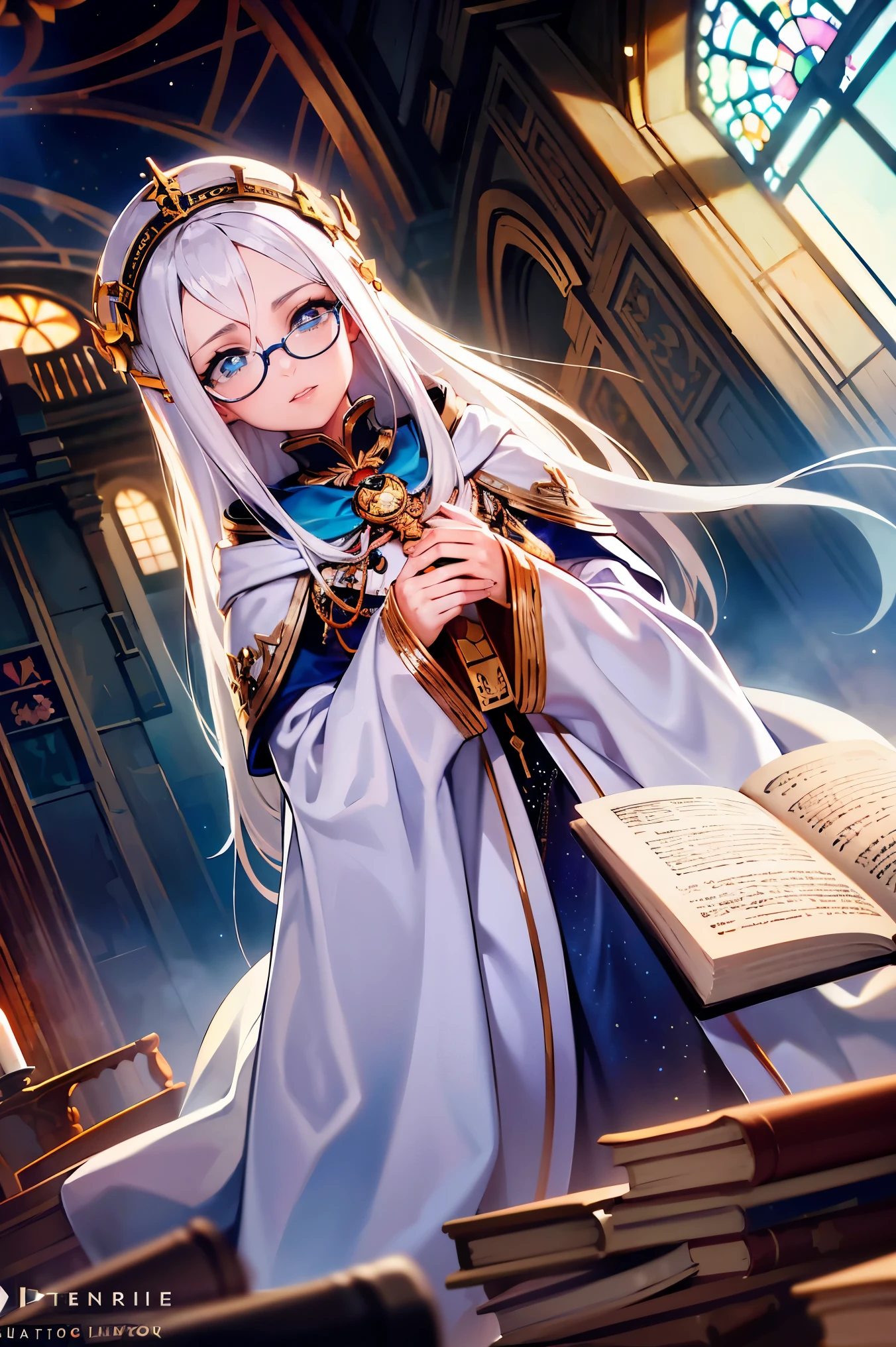 an androgynous boy with long white hair stands inside a large library and holds an open book, the boy is wearing a white cloak with blue jewelry and gold adornments, in lingerie and glasses, the library is lit by candles and filled with books stacked on the floor, with a large round window in the background showing the galaxy with a constellation, Perfect lips, symmetrical face, olhos realistas, pele de porcelana, HDR, UHD