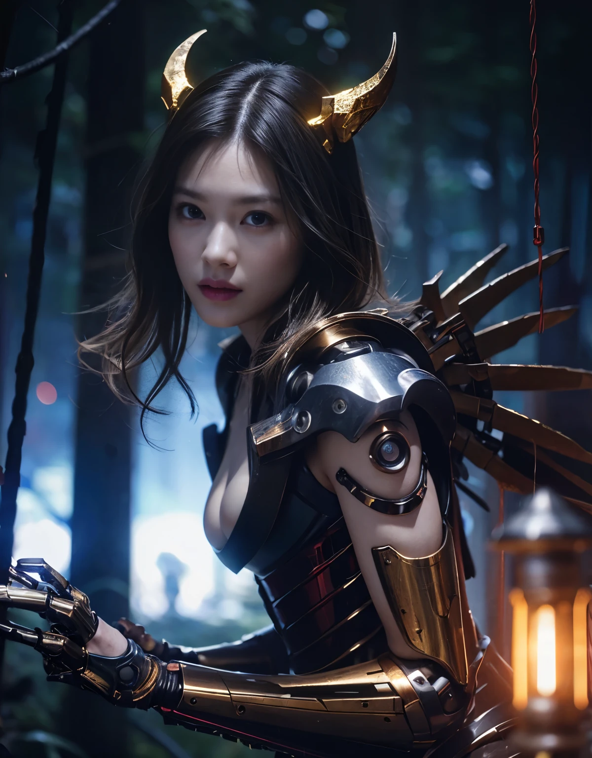 (1 Mechanical Girl)、top-quality、masterpiece、超A high resolution、(Photorealsitic:1.4)、Raw photo、1人、Fight mutants、glowy skin、(((1 Mechanical Girl)))、With a beautiful knife、(Green Metal Bodysuit)、(Kobold、ogre、Fierce battle with orcs),(Fight fiercely against aliens)、Fight fiercely、(beautiful forest background)、(Fighting Demonic Beasts)、(Small LED)、((super realistic details))、portlate、(Strong giant demon beast background),globalillumination、Shadow、octan render、8K、ultrasharp、Colossal tits、Raw skin is exposed in cleavage、metals、Details of complex ornaments、Japan details、highly intricate detail、Realistic light、(Mystical expression),CGSoation Trends、Blue eyes、radiant eyes、Facing the camera、neon details、(Mechanical limbs)、(blood vessels connected to tubes)、Mechanical vertebrae attached to the back、mechanical cervical attaching to neck、(Wires and cables connecting to the head)、Gundam、Small LED、,Mechanical thighs、Toostock、(Hands are also made of machines)、(Attack of the Monster Beasts)、(Wounded in a deadly battle)、