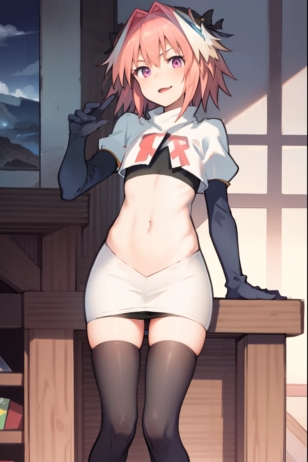 absurdres, masterpiece, best quality, (astolfo fate:1.2155), 1boy, male focus, trap, pink multicolored hair, pink hair, white hair, hair intakes, long hair, pink detailed eyes, crossdressing,1boy, team rocket,team rocket uniform, red letter R, white skirt,white crop top,black thigh-highs,black elbow gloves