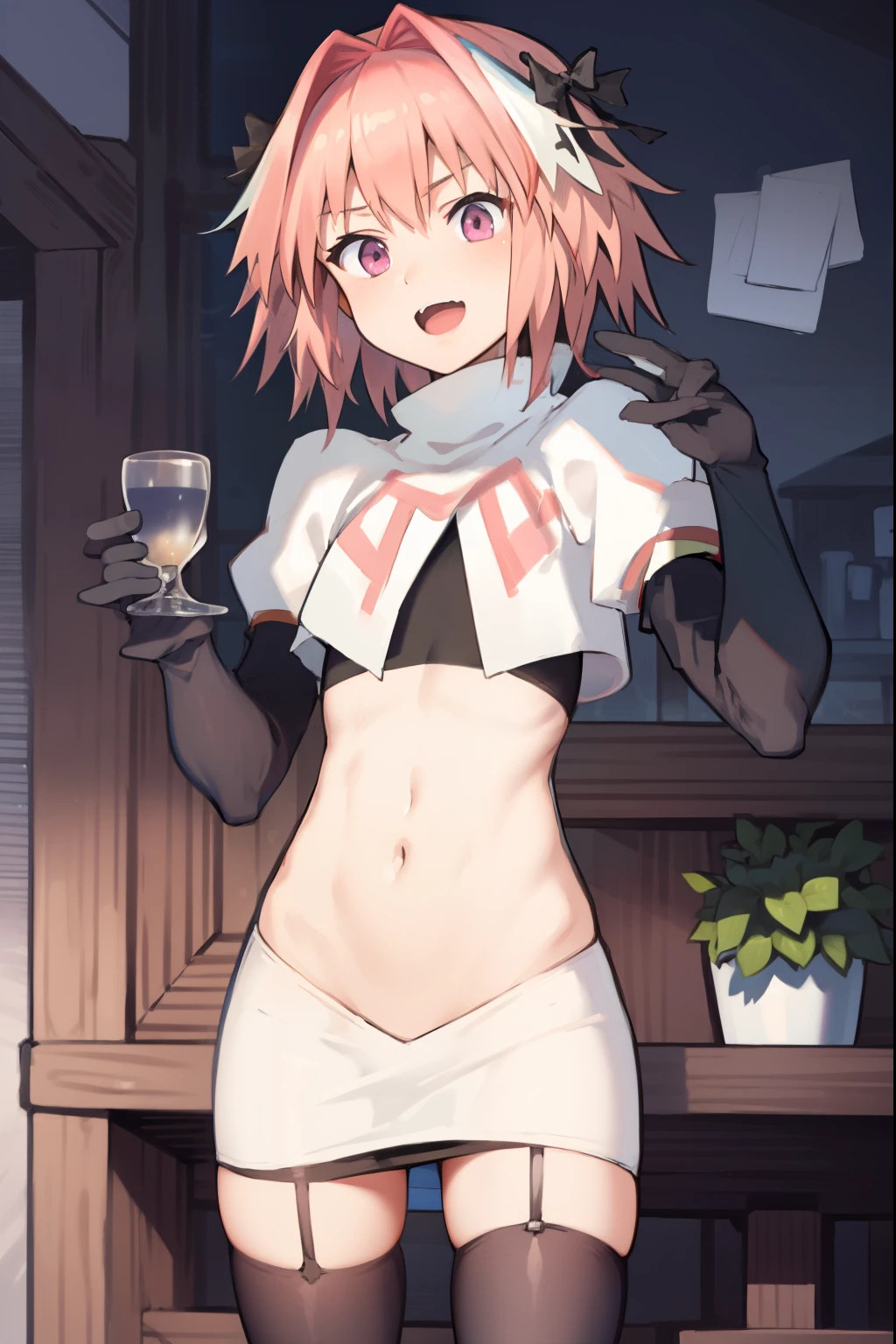 absurdres, masterpiece, best quality, (astolfo fate:1.2155), 1boy, male focus, trap, pink multicolored hair, pink hair, white hair, hair intakes, long hair, pink detailed eyes, crossdressing,1boy, team rocket,team rocket uniform, red letter R, white skirt,white crop top,black thigh-highs,black elbow gloves