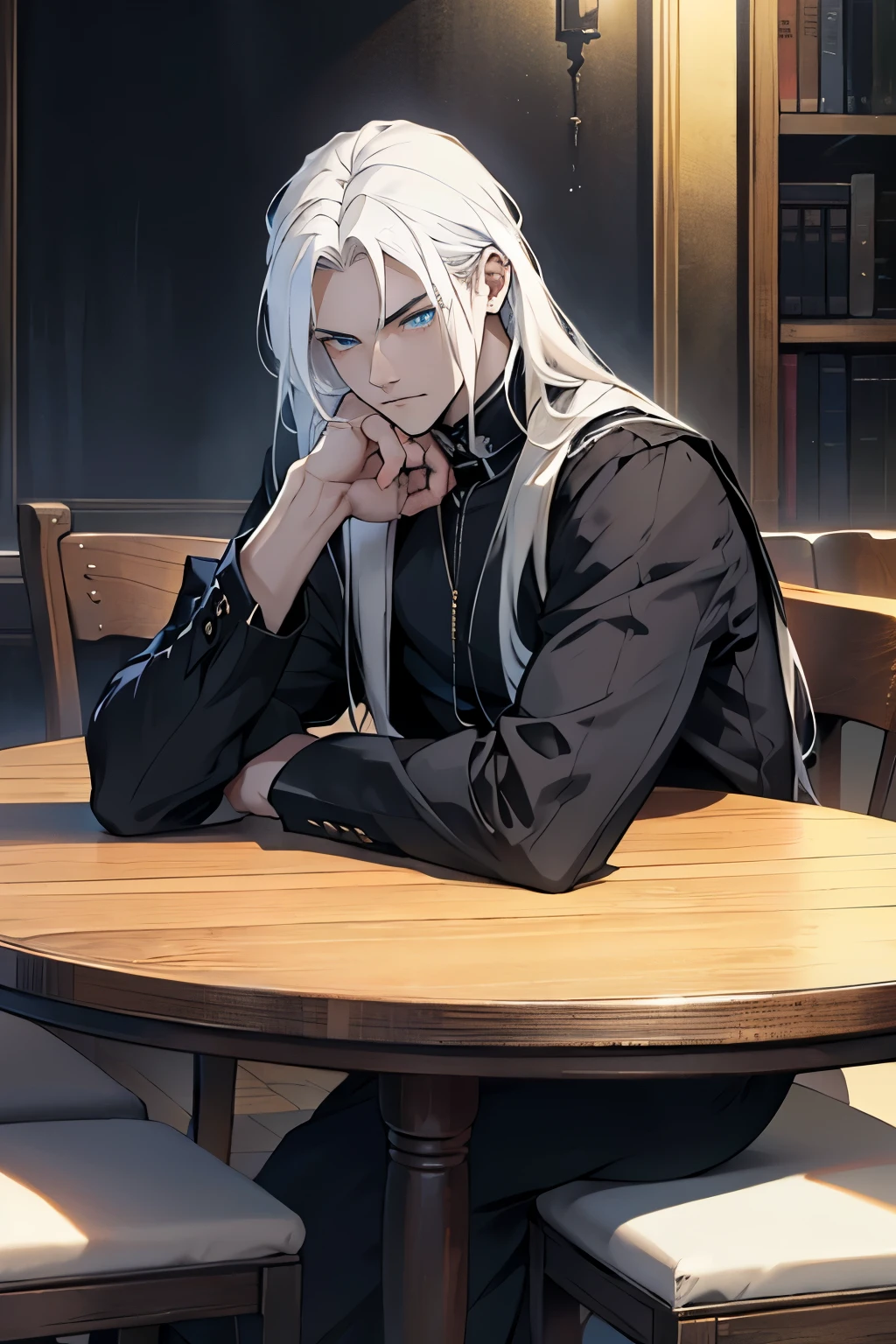 Make a very handsome man, young, thin, pale, long white hair, blue eyes. Wearing black clothes. Sitting, with his hands leaning on the table, sad.