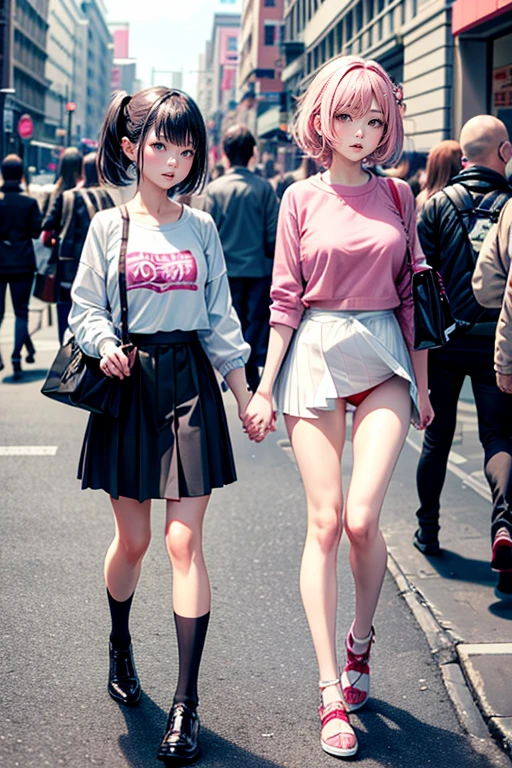 (Best Quality, 4K, 8K, hight resolution, masutepiece:1.2), Pink hair、bobhair、her breasts are beautiful and big。In the middle of a scramble crossing。crowded with passersby。Stand still and pull down pants、Showing sheer panties。shame。twinsies。Shopping while holding hands。Wearing a large white coarse sweater 。The twins have long legs and great style.。Each twin wears a black skirt。