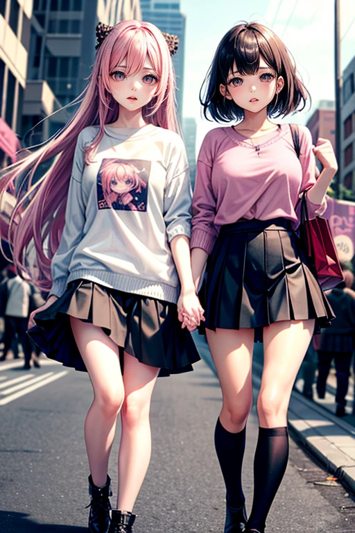 (Best Quality, 4K, 8K, hight resolution, masutepiece:1.2), Pink hair、bobhair、her breasts are beautiful and big。In the middle of a scramble crossing。crowded with passersby。Stand still and pull down pants、Showing sheer panties。shame。twinsies。Shopping while holding hands。Wearing a large white coarse sweater 。The twins have long legs and great style.。Each twin wears a black skirt。