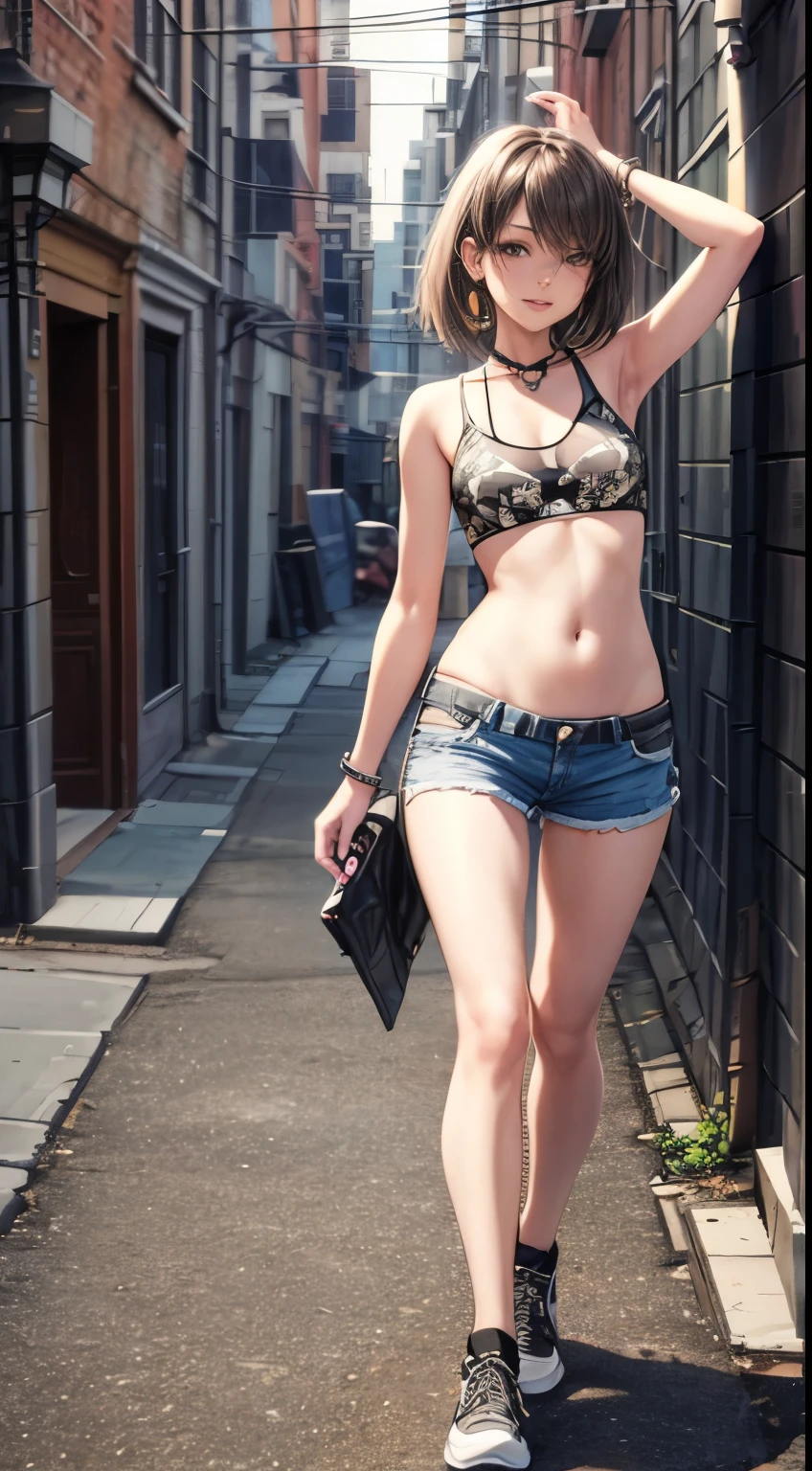 realistic photo, best quality possible, night, street with alley and graffiti on the walls, young woman, 20 years old, brunette with brown eyes, large hoop earrings, very short silver hair, perfect body, well-defined hips, she uses transparent black bra nipple with piercing, exposed belly, navel piercing, short shorts camuflaged with an open army print showing a black panties, white sneakers, smile and sensual and mischievous look, makeup and heavy metal symbol with hand