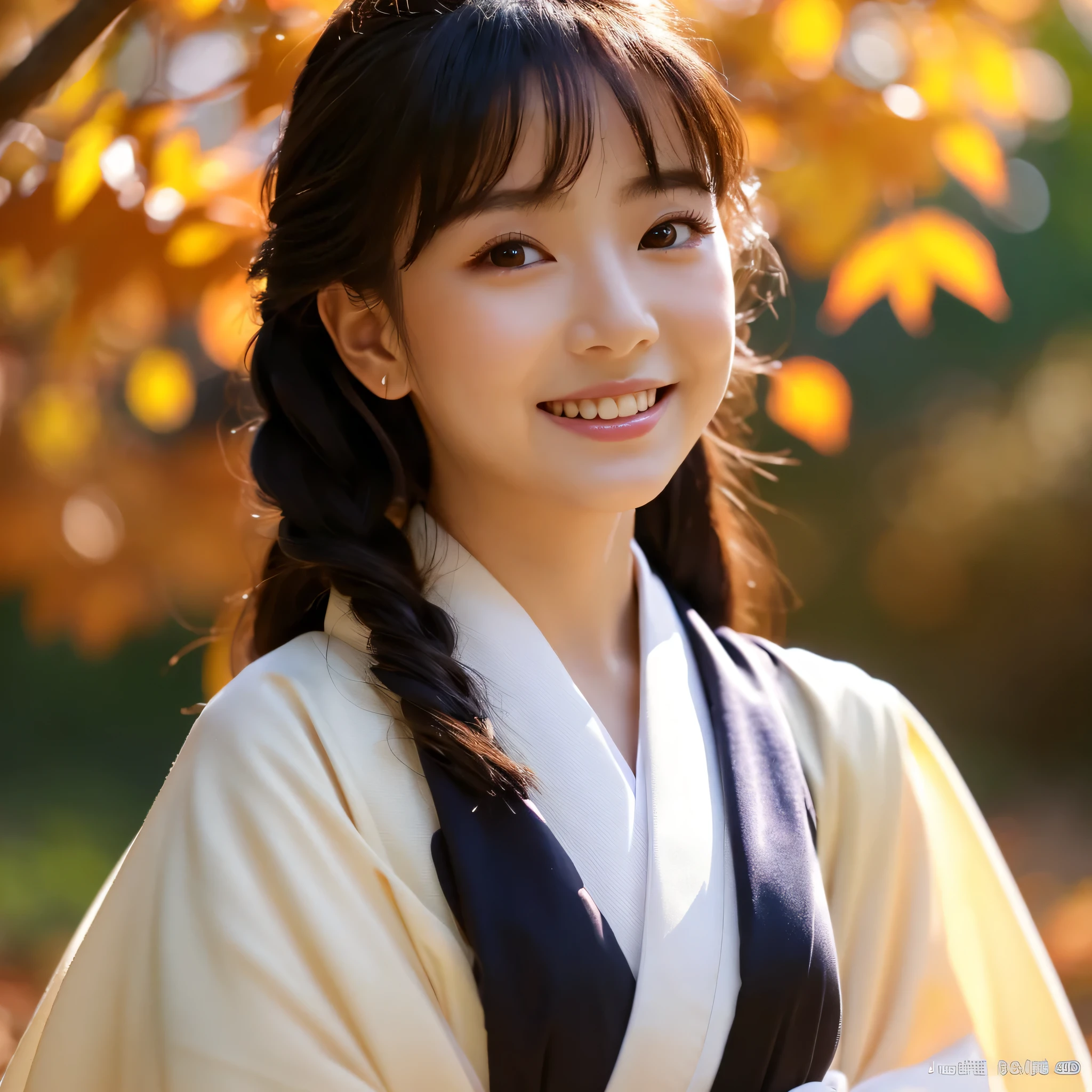 (Super beautiful woman in kimono)、((best qualtiy、8k masterpieces:1.3))、foco nítido:1.2、(ultra beautiful faces:1.0)、(shinny skin:1.0)、photos realistic、A dark-haired、Video Lighting、High-definition eyes and face、Video Lighting、Japanese actressl、from the front side、medium breasts、With a happy smile、wearing kimonos、Under the autumn leaves、highest grade obi