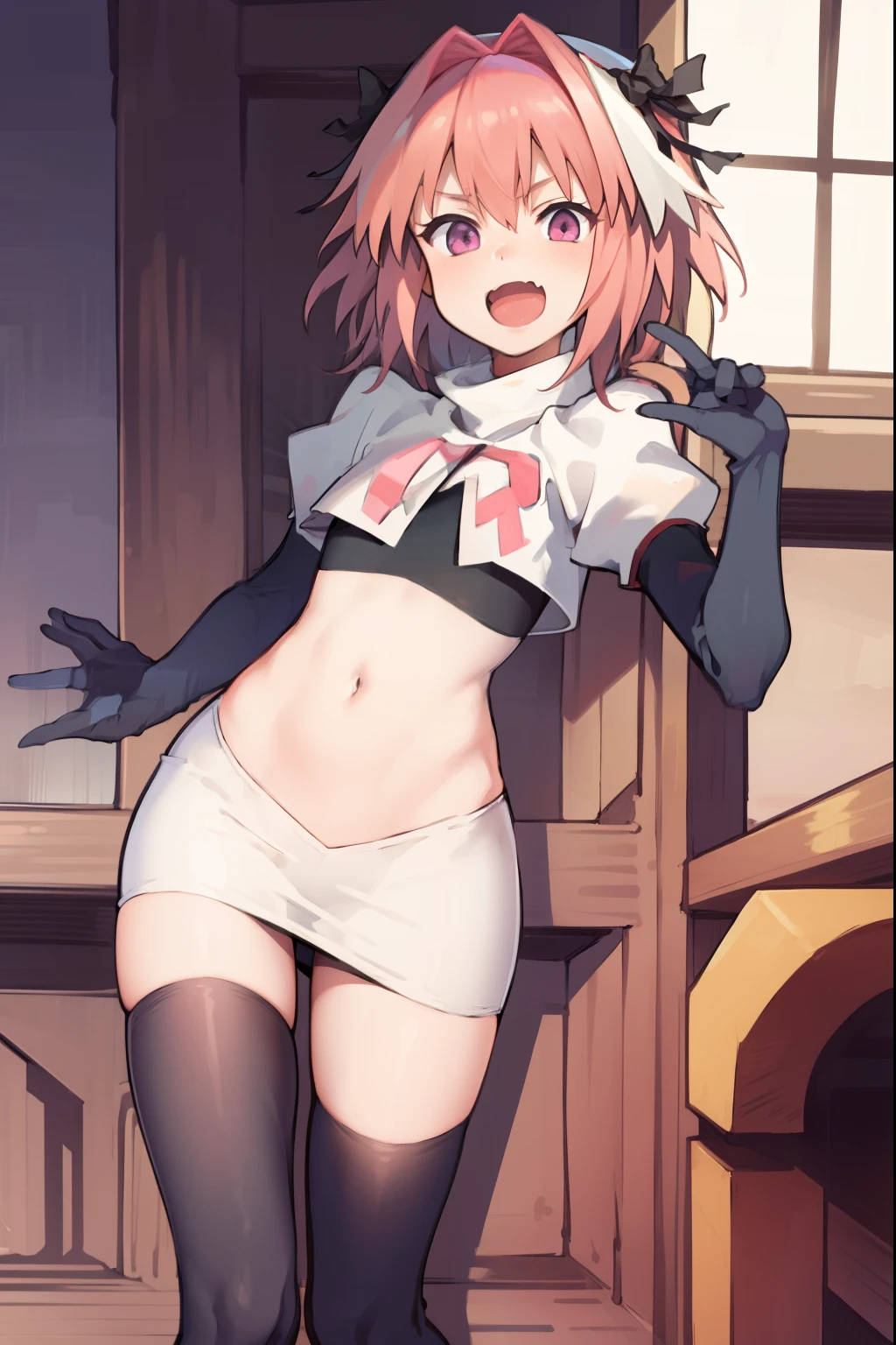 absurdres, masterpiece, best quality, (astolfo fate:1.2155), 1boy, male focus, trap, pink multicolored hair, pink hair, white hair, hair intakes, long hair, pink detailed eyes, crossdressing,1boy, team rocket,team rocket uniform, red letter R, white skirt,white crop top,black thigh-highs,black elbow gloves