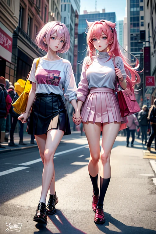 (Best Quality, 4K, 8K, hight resolution, masutepiece:1.2), Pink hair、bobhair、her breasts are beautiful and big。In the middle of a scramble crossing。crowded with passersby。Stand still and pull down pants、Showing sheer panties。shame。twinsies。Shopping while holding hands。Wearing a large white coarse sweater 。The twins have long legs and great style.。Each twin is wearing a very short black skirt.。