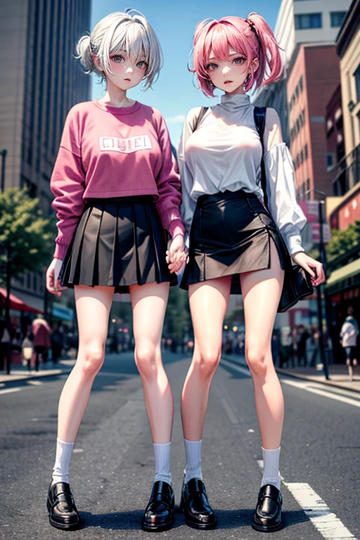 (Best Quality, 4K, 8K, hight resolution, masutepiece:1.2), Pink hair、bobhair、her breasts are beautiful and big。In the middle of a scramble crossing。crowded with passersby。Stand still and pull down pants、Showing sheer panties。shame。twinsies。Shopping while holding hands。Wearing a large white coarse sweater 。The twins have long legs and great style.。Each twin is wearing a very short black skirt.。