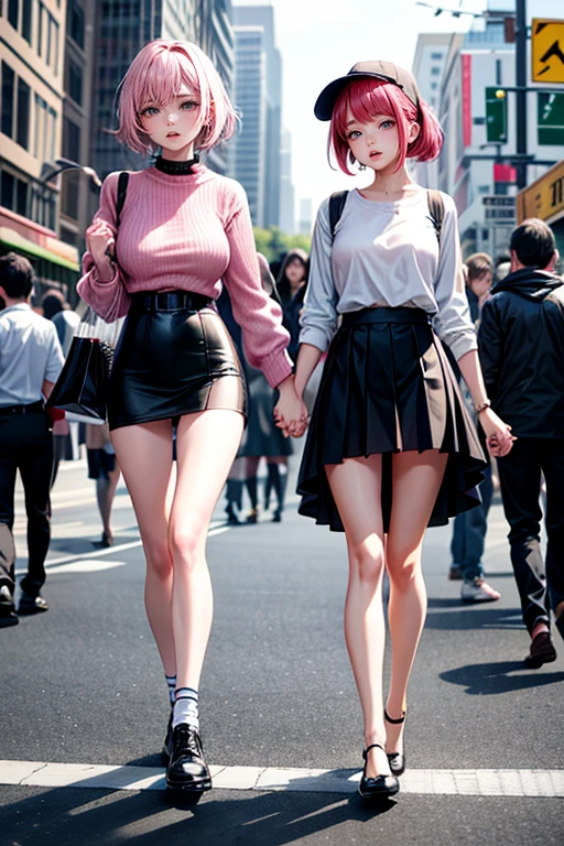 (Best Quality, 4K, 8K, hight resolution, masutepiece:1.2), Pink hair、bobhair、her breasts are beautiful and big。In the middle of a scramble crossing。crowded with passersby。Stand still and pull down pants、Showing sheer panties。shame。twinsies。Shopping while holding hands。Wearing a large white coarse sweater 。The twins have long legs and great style.。Each twin wears a black skirt。