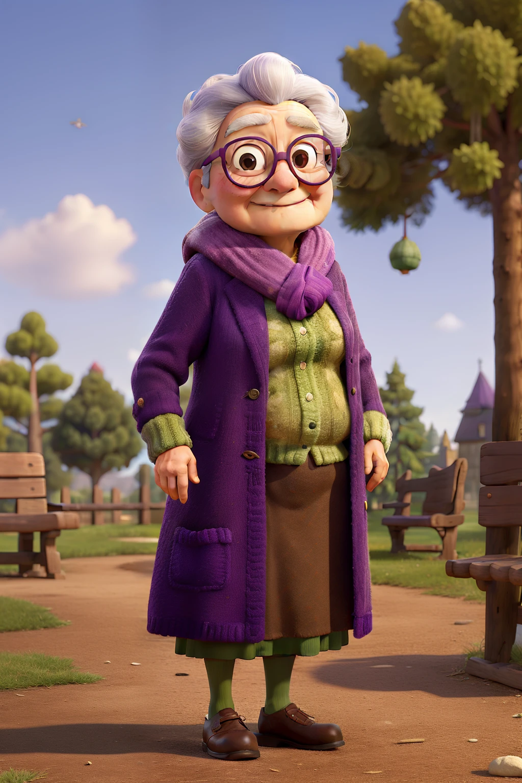 masterpiece, best quality, an old woman with glasses and a scarf on, wearing a purple coat and green scarf, standing at the park