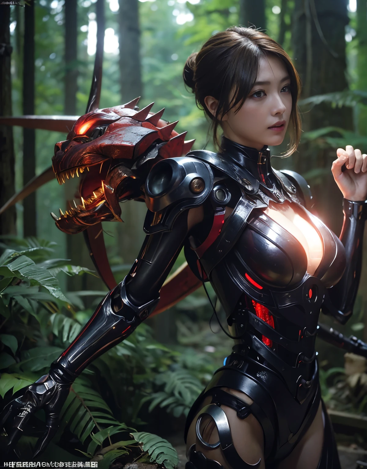 ((Fighting Demonic Beasts))、top-quality、masterpiece、超A high resolution、(Photorealsitic:1.4)、Raw photo、女の子1人、Golden hair、glowy skin、(((1 Mechanical Girl)))、With a beautiful knife、(Blue Metal Bodysuit)、(beautiful forest background)、(Fighting Demonic Beasts)、(Small LED)、((super realistic details))、vertical giant monster background),globalillumination、Shadow、octan render、8K、ultrasharp、Colossal tits、Raw skin is exposed in cleavage、metals、Details of complex ornaments、Japan details、highly intricate detail、Realistic light、CGSoation Trends、Red Eyes、Eyes shining towards the camera、neon details、(Mechanical edge blood vessels connected to tubes)、Mechanical vertebrae attached to the back、mechanical cervical attaching to neck、(Wires and cables connecting to the head)、Gundam、Small LED、,Mechanical thighs、Toostock、(Hands are also made of machines)、(Attack of the Monster Beasts)、(Wounded in a deadly battle)、
