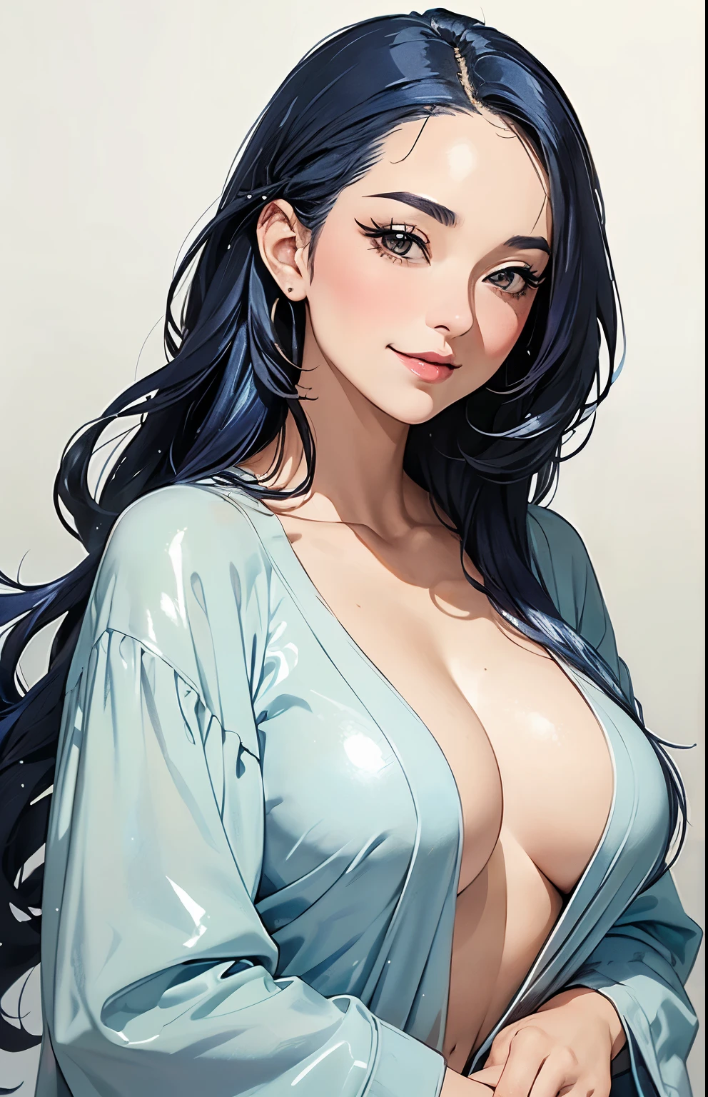 (A photo of upper body), mature, chubby, Beautiful face, Highly detailed face and skin texture, (Detailed eyerown eyes, Double eyelids, Thin eyebrows, Glitter eyeliner: 1.2, Natural cheeks, Shiny skin, Fair skin, (((with blouse))), (Shiny lips: 1. 4), (Seductive smile), (50 years old), (Wavy hair, Diagonal banglack and blue hair)),long mid hair, ((Upper body shot)), ((Focus on chest and face)), large breasts, Upturned breasts, Cute Ukiyo-e,