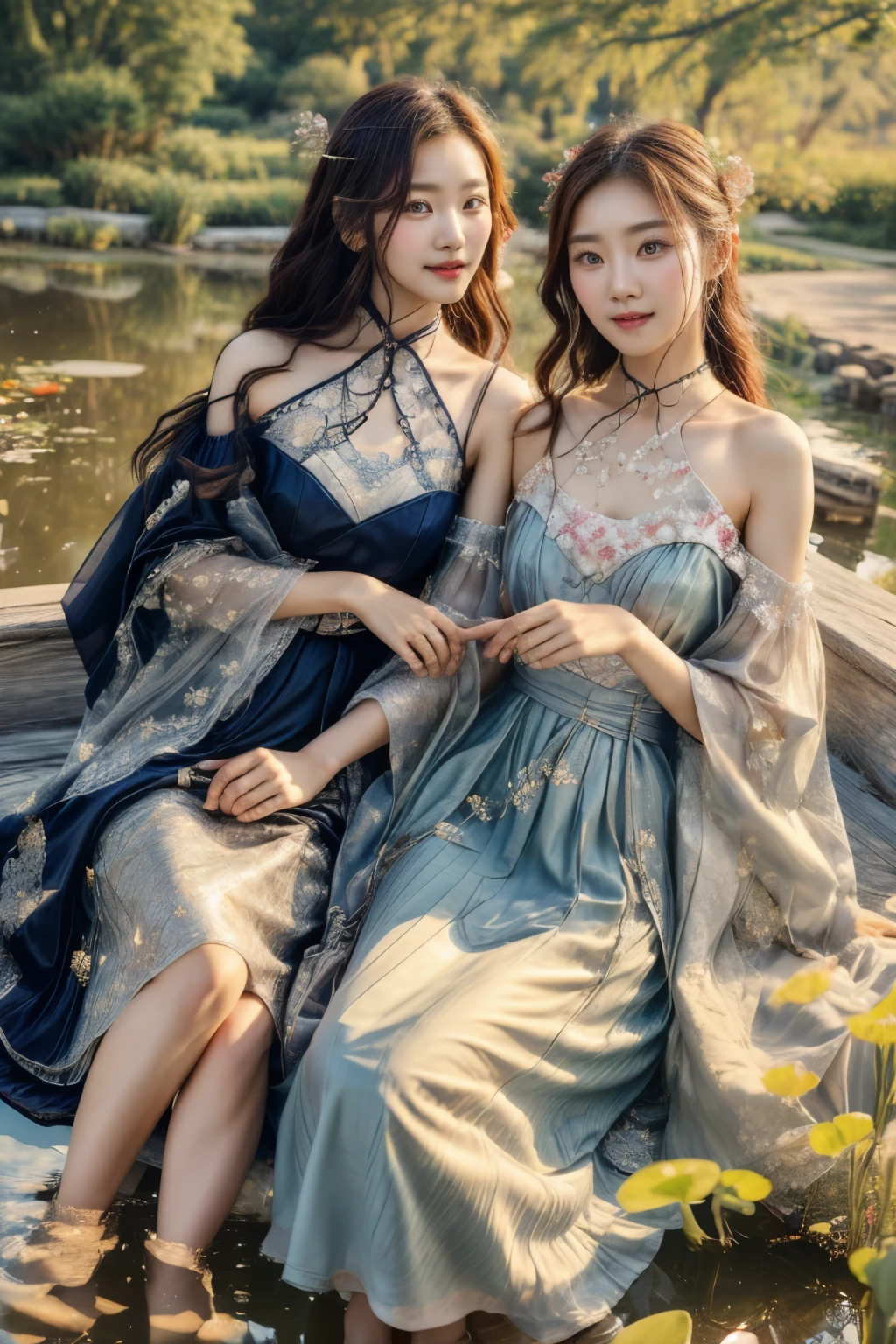 All faces and pictures must be different, high quality, highly detailed, a stunningly photorealistic photo of two beautiful Chinese women,babyfaced, intricate detailed eyes,open shoulders,skirtlift,where two mysterious women sits by the edge of a pond, capturing a romantic atmosphere under the starry sky.