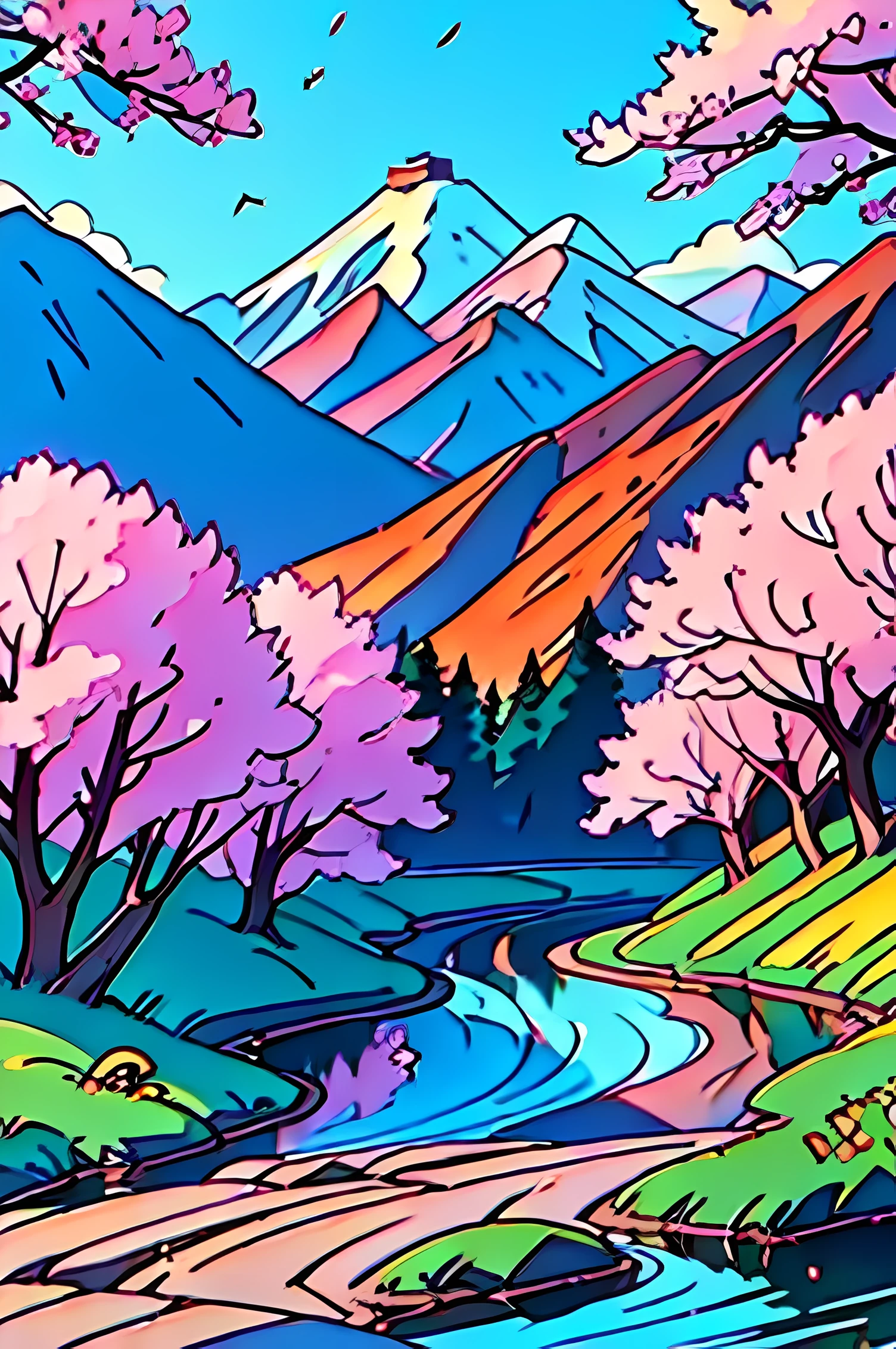 Deep forest, distant mountains, flying birds. Two-dimensional style, bright and vibrant, cherry blossoms cover the mountainside, the sunrise can be seen in the distance, a stream meanders, there are a few daffodils on the bank, the sunrise