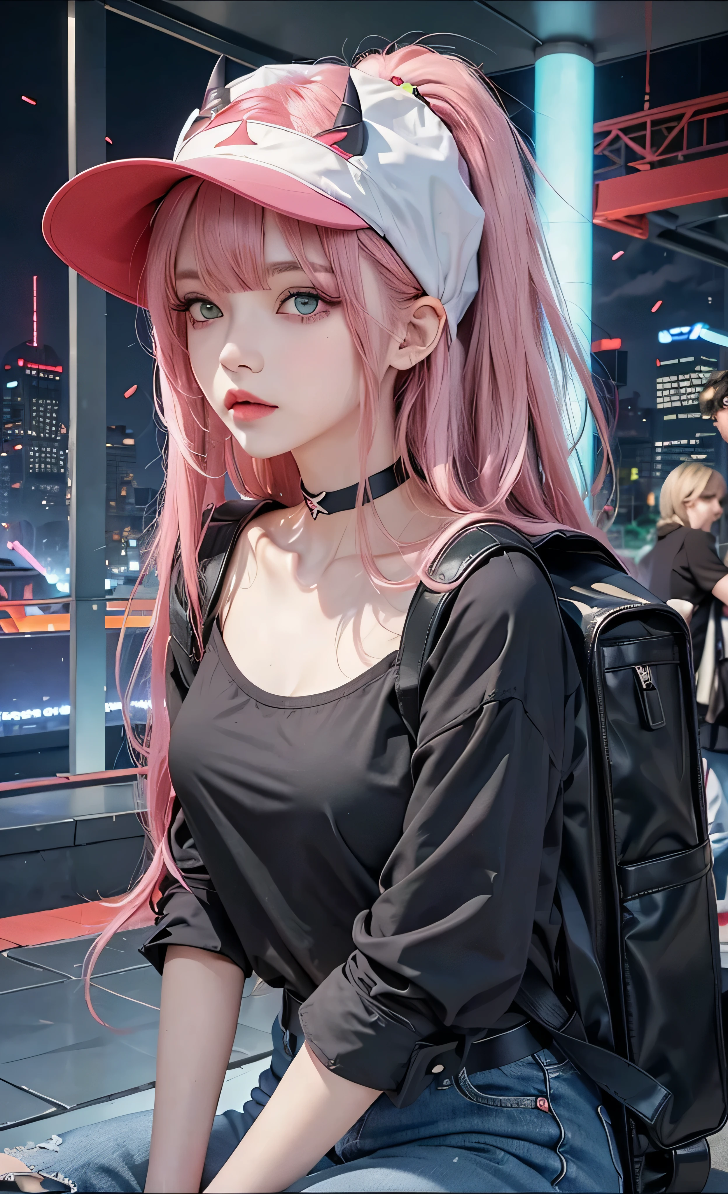 zero two \(darling on franxx\), darling on franxx, 1girl, closed mouth, bangs, black cap, bite, eyeshadow, green eyes, hair behind head, horns, long hair, looking at viewer, big thighs, makeup, small breasts, black shirt, jeans, black choker, black backpack,pink hair, red eyeshadow, science fiction, tight skin, solo, sea, sky blue