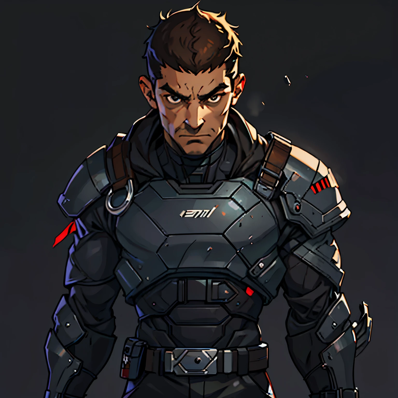 (35-year-old criminal), (ugly), very short hair, with black eyes, dark brown hair, (evil). He wears a black futuristic suit, (simple background)