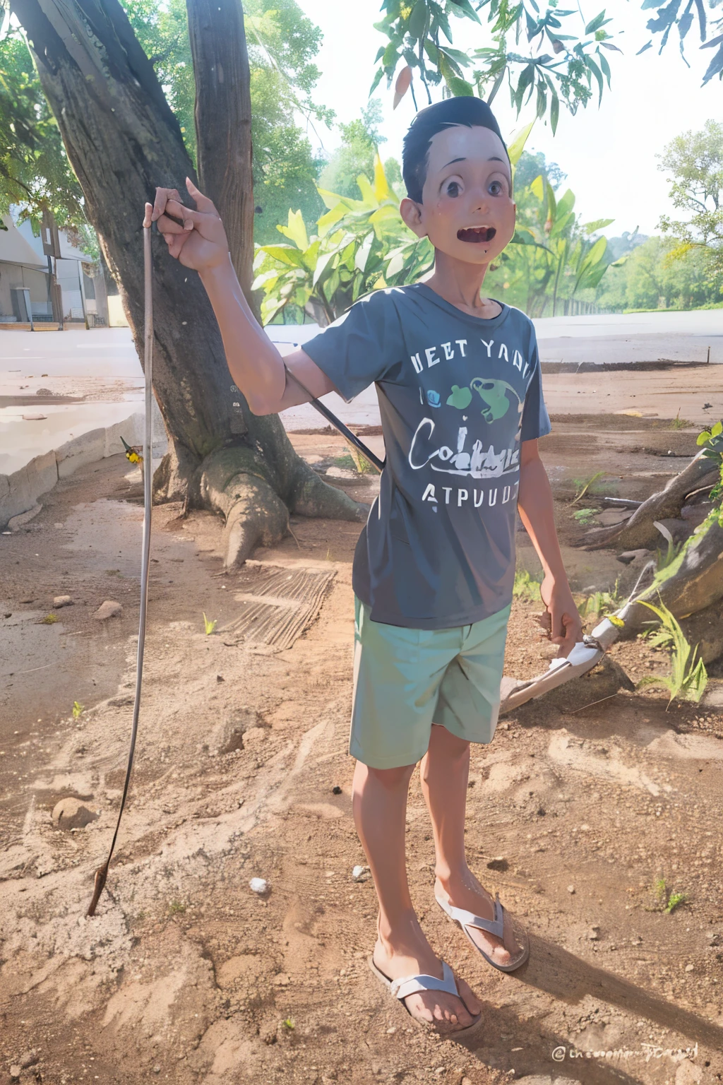 there is a boy holding a rope in his hand, segurando uma cobra, with the head of a snake, segurando um chicote, holding a thick staff, holding a spear, segurando um ouro! cane!, holding a wooden staff, with a tall tree, divertindo-se, with a happy expression, Directed by: Samuel Silva, segurando uma flail gigante