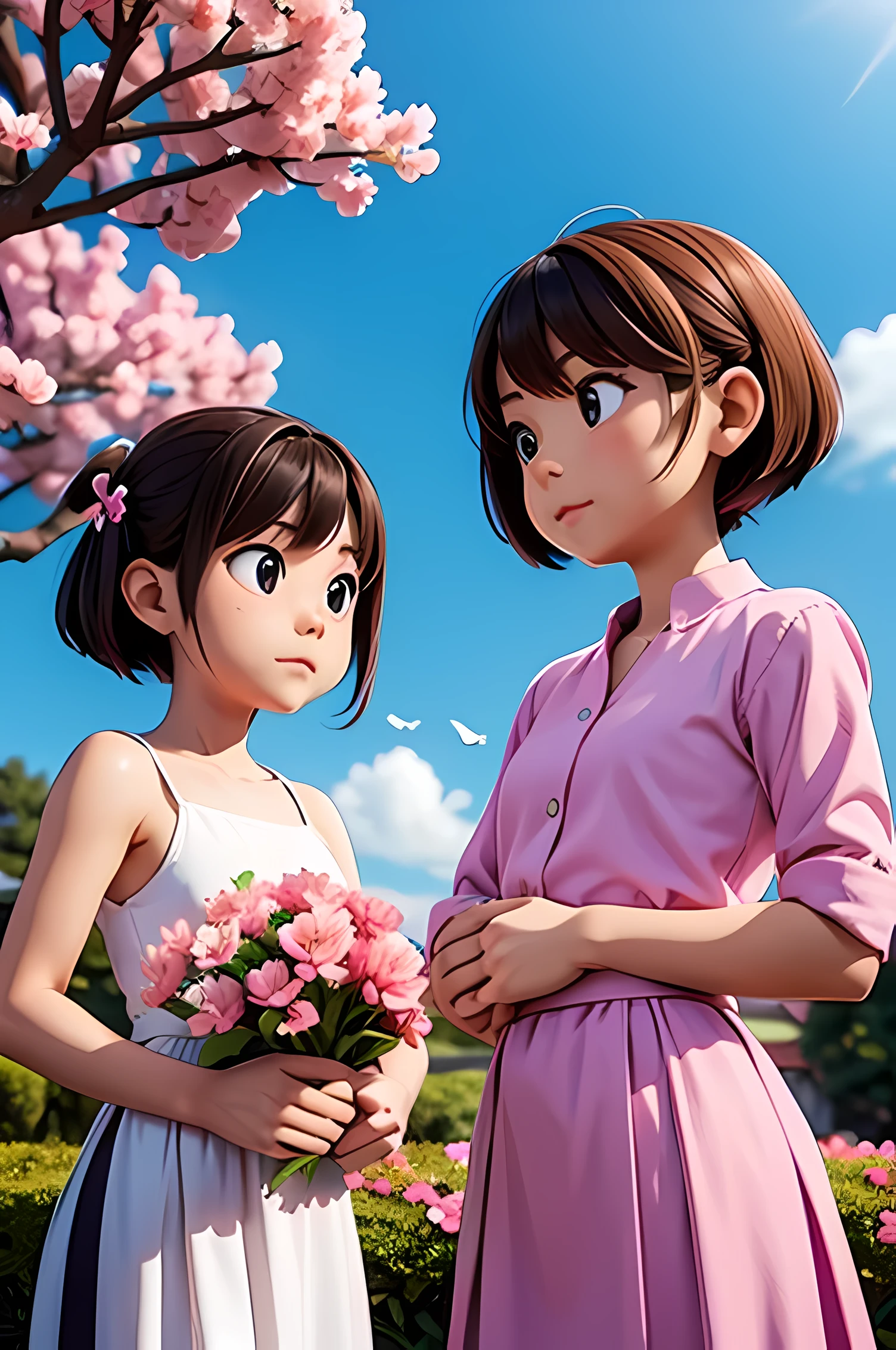 They are in front of a tree with pink flowers, a sunny afternoon