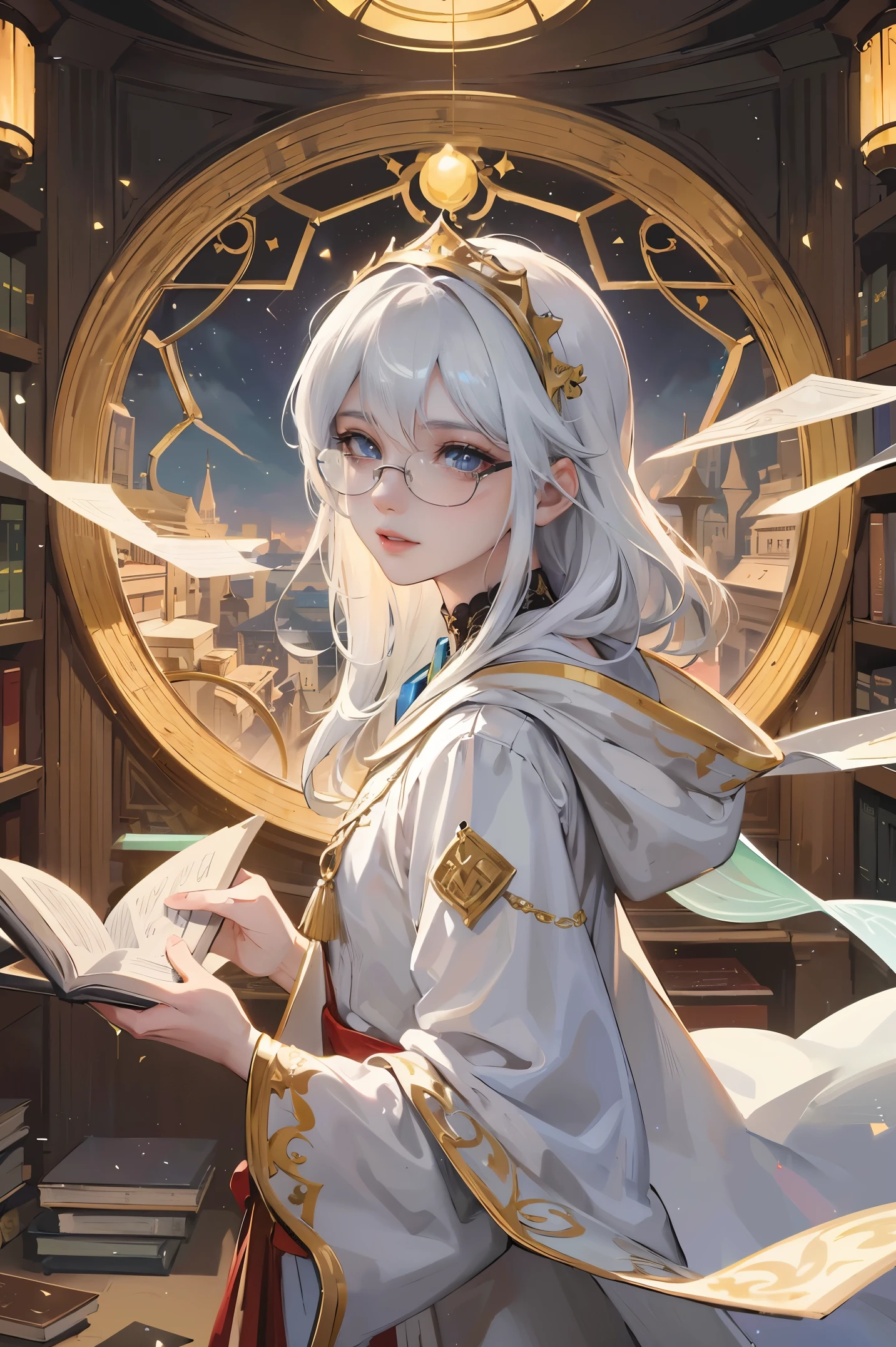 an androgynous boy with long white hair stands inside a large library and holds an open book, the boy is wearing a white cloak with blue jewelry and gold adornments, in lingerie and glasses, the library is lit by candles and filled with books stacked on the floor, with a large round window in the background showing the galaxy with a constellation, Perfect lips, symmetrical face, olhos realistas, pele de porcelana, HDR, UHD
