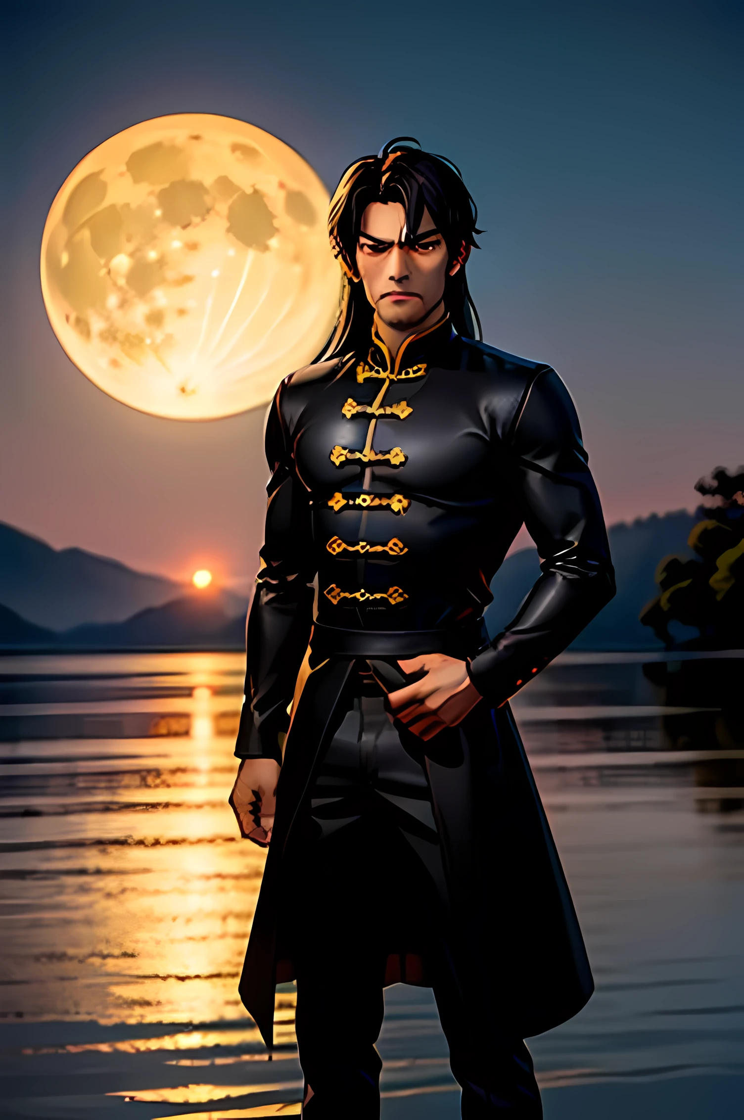 Masterpiece, best quality, outdoor, night, full moon, lakeside, branches, 1 man, mature man, Chinese style, ancient China, black hair, black eyes, forked hair, long hair, long bangs, handsome, handsome, masculine, gentle, tall, calm, black and gold mixed clothing, gold pattern, dragon pattern, prince,