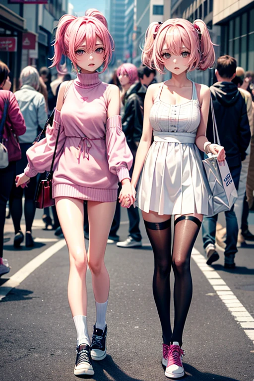 (Best Quality, 4K, 8K, hight resolution, masutepiece:1.2), Pink hair、bobhair、her breasts are beautiful and big。In the middle of a scramble crossing。crowded with passersby。Stand still and pull down pants、Showing sheer panties。shame。twinsies。Shopping while holding hands。Wearing a large white coarse sweater 。The twins have long legs and great style.。The twins can see a glimpse of their panties.。