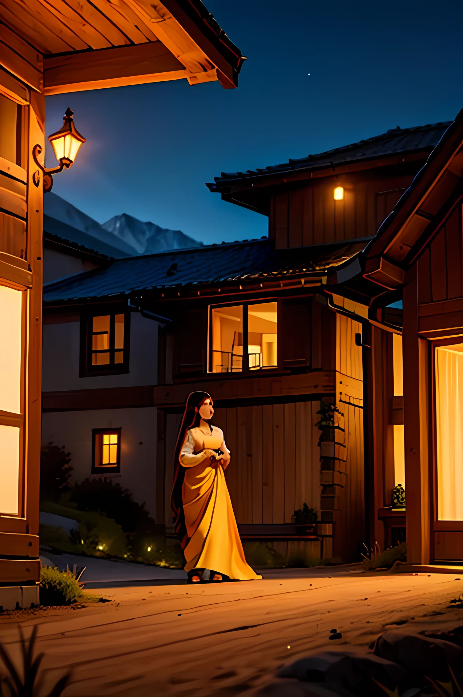 The painting style is quiet and the lights are yellow. The houses are nestled among the distant mountains, and the willows in the courtyard sway in the wind. Several layers of light red curtains add a bit of mystery to the deep scenery, the woman is alone, her long hair is scattered at will, and her figure is looming, with a faint smile.