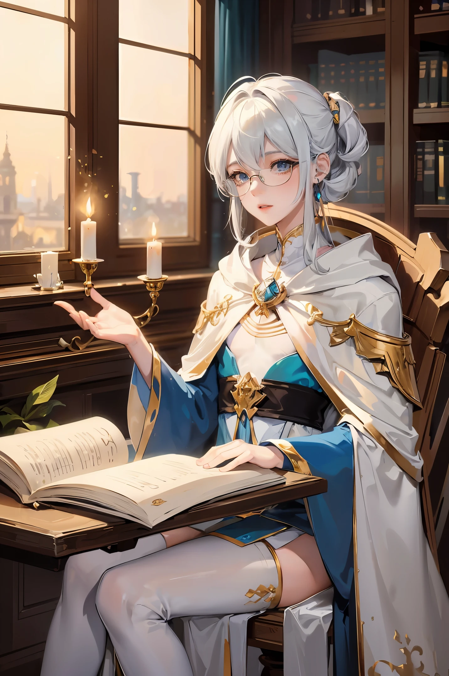 an androgynous boy with long white hair stands inside a large library and holds an open book, the boy is wearing a white cloak with blue jewelry and gold adornments, in lingerie and glasses, the library is lit by candles and filled with books stacked on the floor, with a large round window in the background showing the galaxy with a constellation, Perfect lips, symmetrical face, olhos realistas, pele de porcelana, HDR, UHD