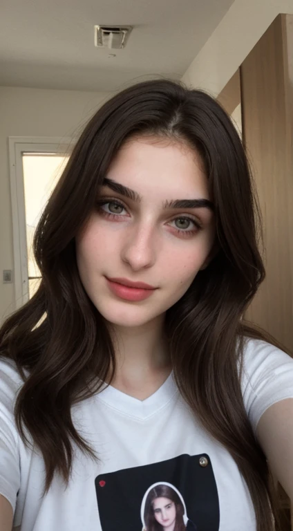 ((Front facing camera selfie)), 18 yo girl named Zahra Amiri, (straight nose), (prominent nose bridge), (female face golden ratios), long dense dark brown hair, (pale skin:1.25), (hazel eyes), thin eyebrows, high cheekbones, beautiful plump lips, big natural breasts, wearing tshirt, apartment background, smirk