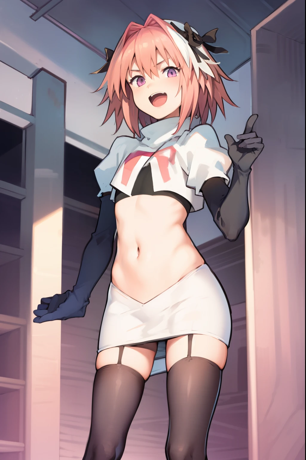 absurdres, masterpiece, best quality, (astolfo fate:1.2155), 1boy, male focus, trap, pink multicolored hair, pink hair, white hair, hair intakes, long hair, pink detailed eyes, crossdressing,1boy, team rocket,team rocket uniform, red letter R, white skirt,white crop top,black thigh-highs,black elbow gloves