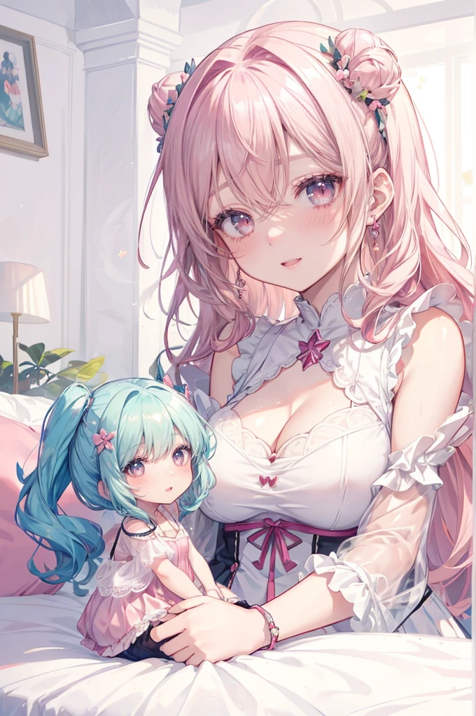 (miniature woman in front of a giantess breasts: 1.2), (miniature woman in front of the breasts of a giantess: 1.2), a giantess looming over a minigirl on a bed, (miniature woman on a tiny blanket in front of a girl: 1.1), (princess bed: 1.2), (2girls:1.8), (giantess:1.2), (size difference: 1.2), (height difference: 1.5), (bra:1.2), (minigirl:1.5), (mature adult teenage girl: 1.5), scared, happy, >:D, (looking down at a girl: 1.1), (looking up at a giant: 1.1), blushing, anime style 4 k, beautiful anime portrait, very detailed, simple colors, pastel, (vibrant and aesthetically pleasing), (a woman with a fragile build: 1.1), (smooth shiny skin: 1.1), (absurdres:1.1), (huge breasts with cleavage:1.3)