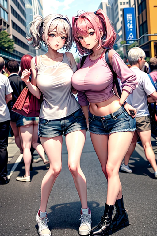 (Best Quality, 4K, 8K, hight resolution, masutepiece:1.2), Pink hair、bobhair、her breasts are beautiful and big。In the middle of a scramble crossing。crowded with passersby。Stand still and pull down pants、Showing sheer panties。shame。twinsies。Shopping while holding hands。Wearing a large white coarse sweater 。The twins have long legs and great style.。The twins can see their panties。falda corta。