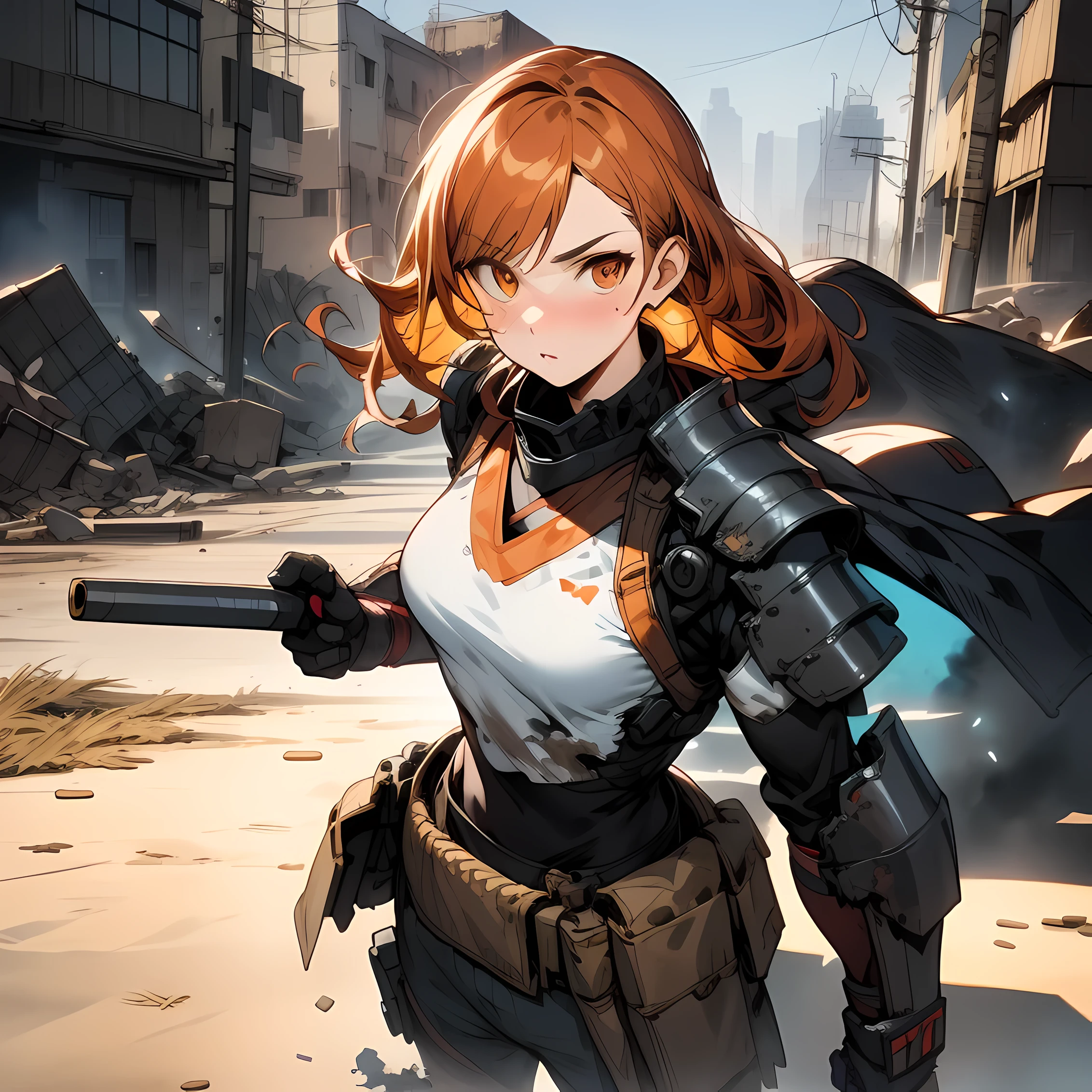 a beautiful woman, orange eyes, (blush nose), detailed eyes, cinematic, drawn by Greg Rutkowski, Yoji Shinkawa: 0.6long curly orange hair, defined body, wearing detailed Victorian-era armor (((super strong)), masterpiece, best quality, ultra-detailed, ground, destroyed city background, shadows, contrast, gray sky, style (look at viewer: 1.2) (skin texture) (film grain:  1.3), ultra-high resolution, octane render, 16k