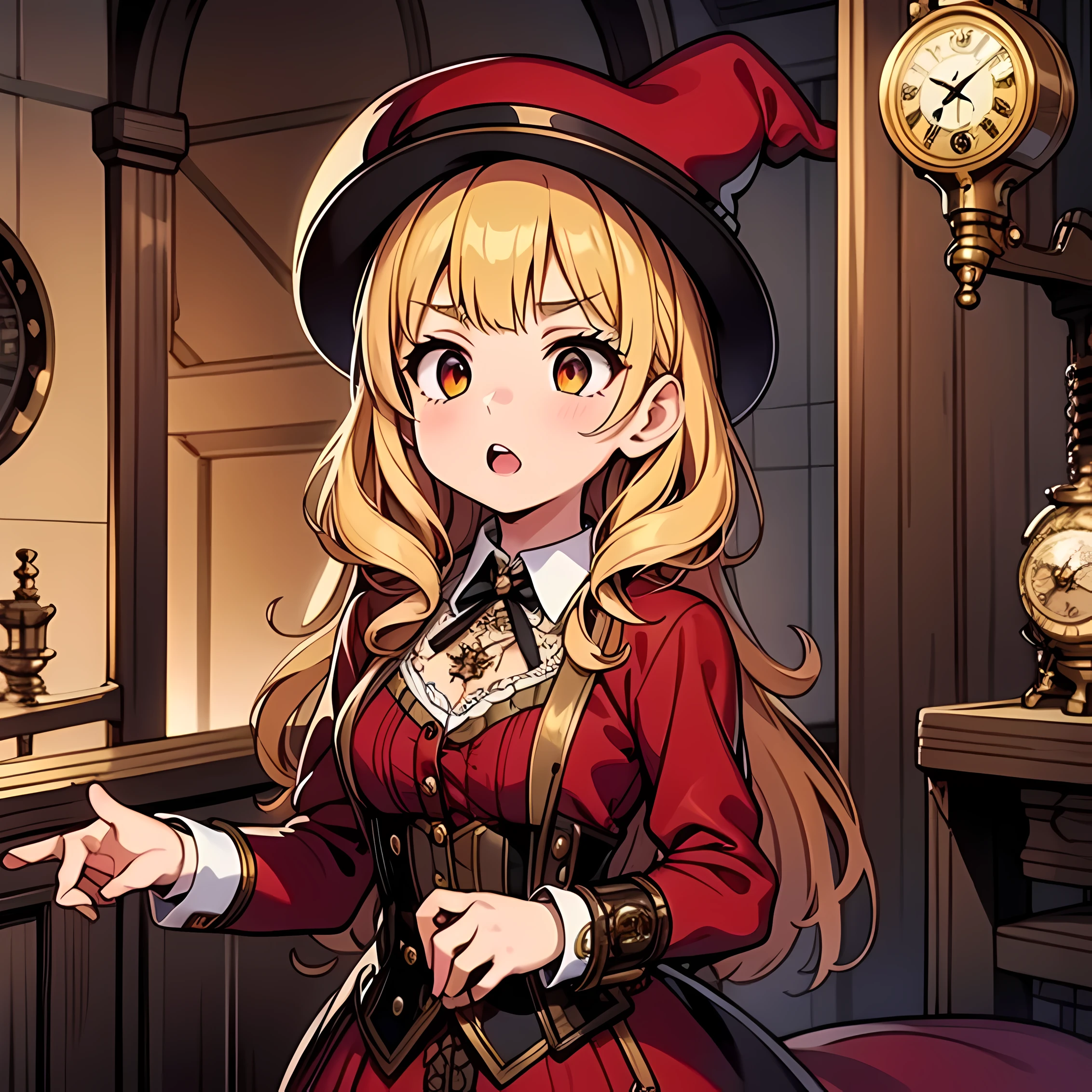 close-up, straight hair blonde short curly  girl the little red hat, clock on necklace, (Victorian era), ((steampunk)), cinematography, worked, elegant, meticulous, magnificent, maximum detail, extremely hyper-aesthetic, intricately detailed, lots of gears, old town background