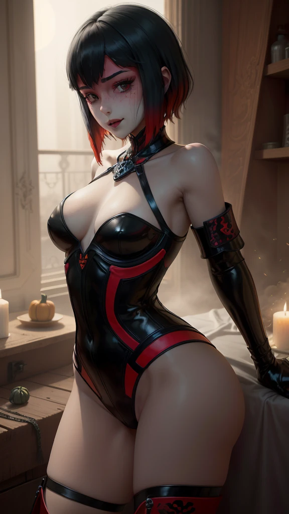 Gwen Tennyson,Trazador,Anko mitarashi, Mordred,Taller Ryza,Nier Automata,1girl, cerrar,Piloto Mecha,Tatuajes,Bosque de Halloween,Traje de enchufe dorado y rojo,Pirate corset,Top plateado de lycra de manga larga,polainas de red,pelo corto,Maquillaje lindo, ojos verdes,cabello rojo y dorado,coy smile, Pecas,pelirrojo,beautiful ,senos grandes,Ultra detallado,realista,fantasy art, falda corta acampanada,Armadura de acero,Calabaza de Halloween,Luz de la luna,Capa de bruja,Joyas para el cuello y la cabeza,bruja tiene,magic stars,