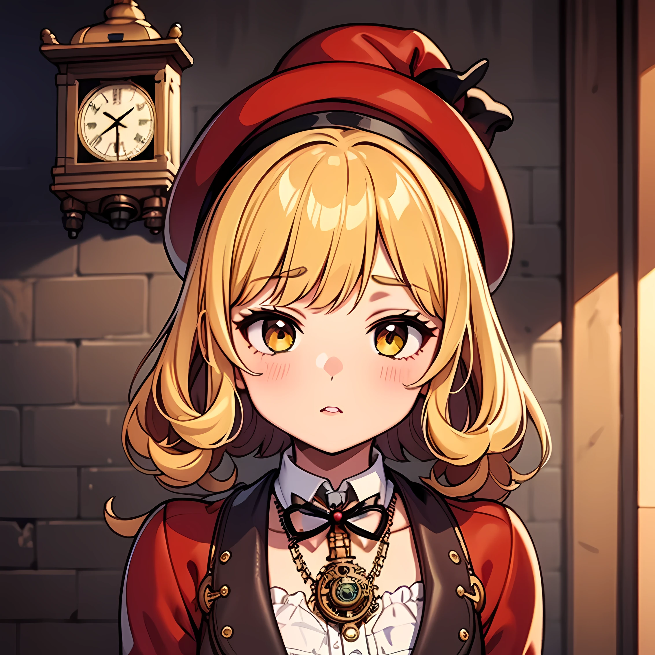 close-up, straight hair blonde short curly child girl the little red hat, clock on necklace, (Victorian era), ((steampunk)), cinematography, worked, elegant, meticulous, magnificent, maximum detail, extremely hyper-aesthetic, intricately detailed, lots of gears, old town background