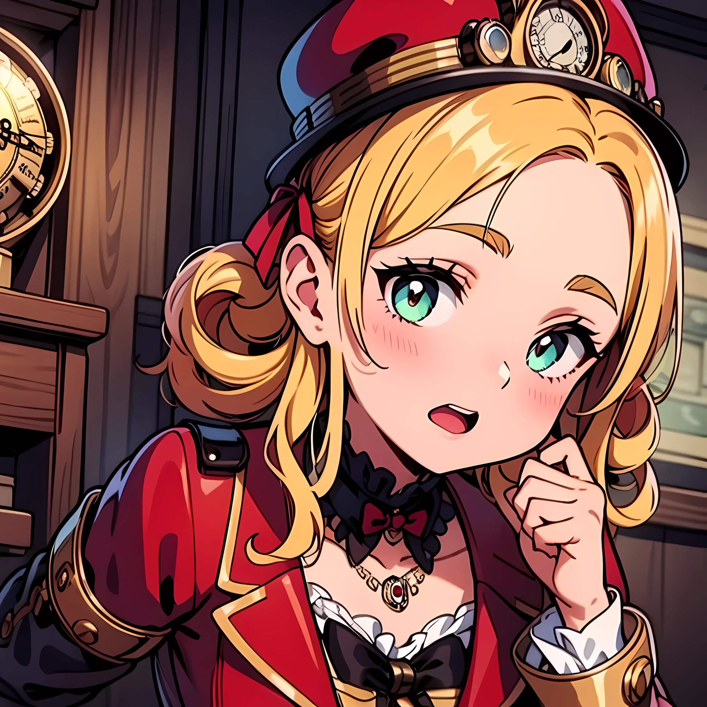 close-up, straight hair blonde short curly  girl the little red hat, clock on necklace, (Victorian era), ((steampunk)), cinematography, worked, elegant, meticulous, magnificent, maximum detail, extremely hyper-aesthetic, intricately detailed, lots of gears, old town background