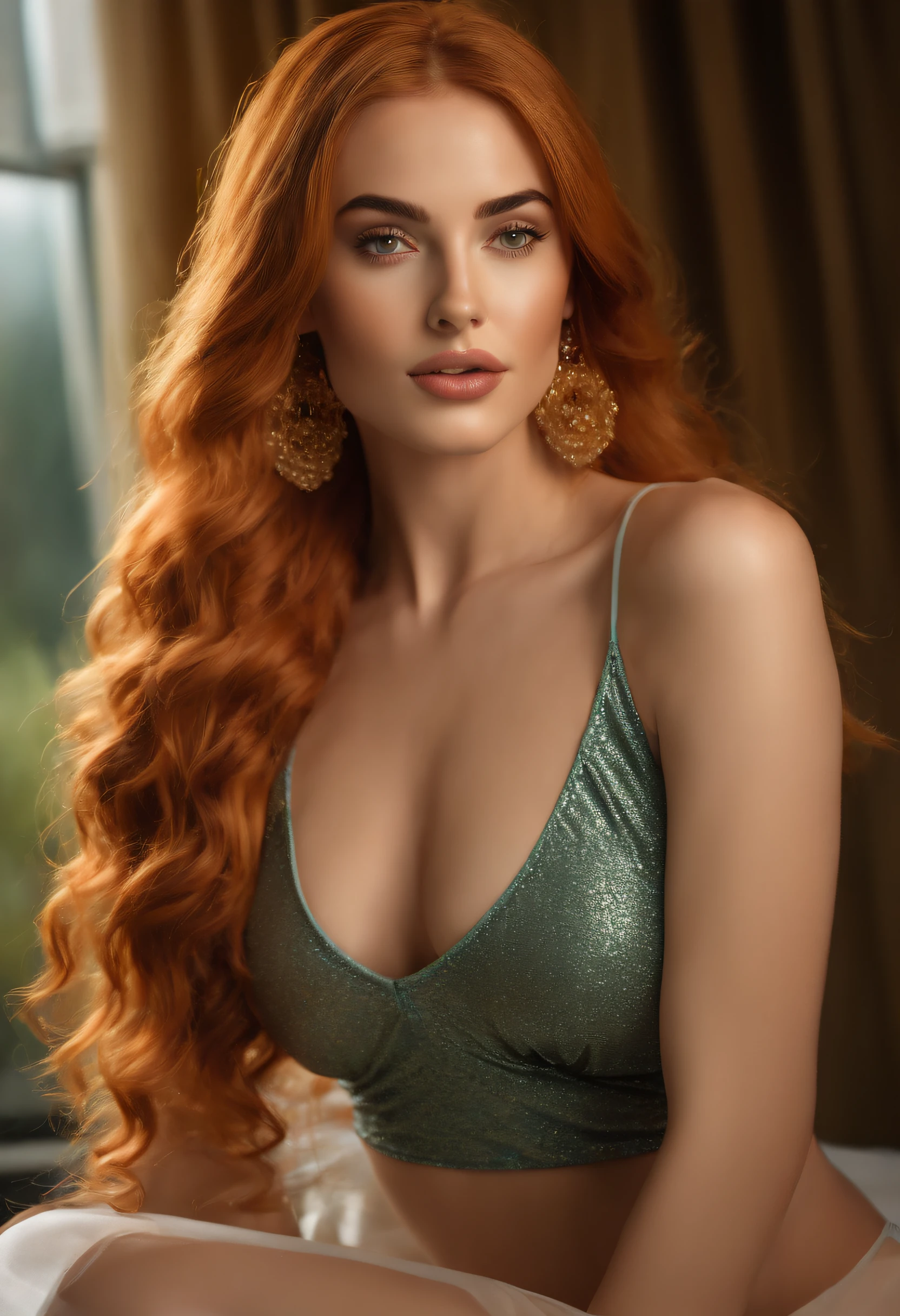 20yo Women, (Masterpiece: 1.4), (8K, Real, Raw Photo, Best Quality: 1.7), spanish Person, (1 Girl), Beautiful Face, (Real Face: 1.8), (orange Hair, Long Hair: 1.3), Hairstyle, Realistic green Eyes, Beautiful Detail Eyes, (Real Skin: 1.8), Beautiful Skin, Attractive, Ultra High Resolution, Ultra Realistic, High Definition, Golden Ratio, boque, (Detailed Face: 1.4), ( Cuban Actress: Ana de Armas), Wet and sheer tank top,,,,,、 long orange hair, wet and sheer white see-through panties, NSFW, big, big butt emphasis, nipple areola, pink nipple, shape clear, looking at camera, sitting on the couch, pubic shape is transparent and clear, drenched in sweat, pose (legs wide open), detailed muscles, nami from one piece, blue tribal tattoo on shoulder, seductive pose, erotic ambient,