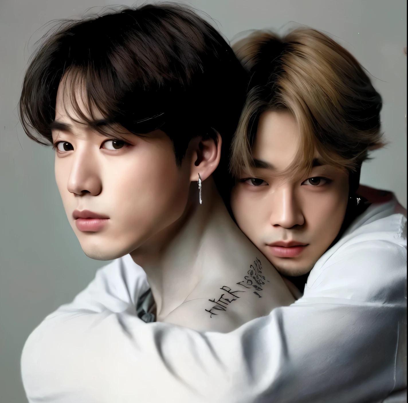two asian men hugging each other with a tattoo on their arm, Jimin, Jimin\Nariz grego, Jimin\Plump lips, Jimin\'s right eyelid swollen, Bts, TaeJune Kim, [ Realistic photo ]!!, arte realista, park Jimin, imagem vazada, retrato de ultra realista, Jungkook, twins, Melhor Artista, Arte Realista, fanart oficial