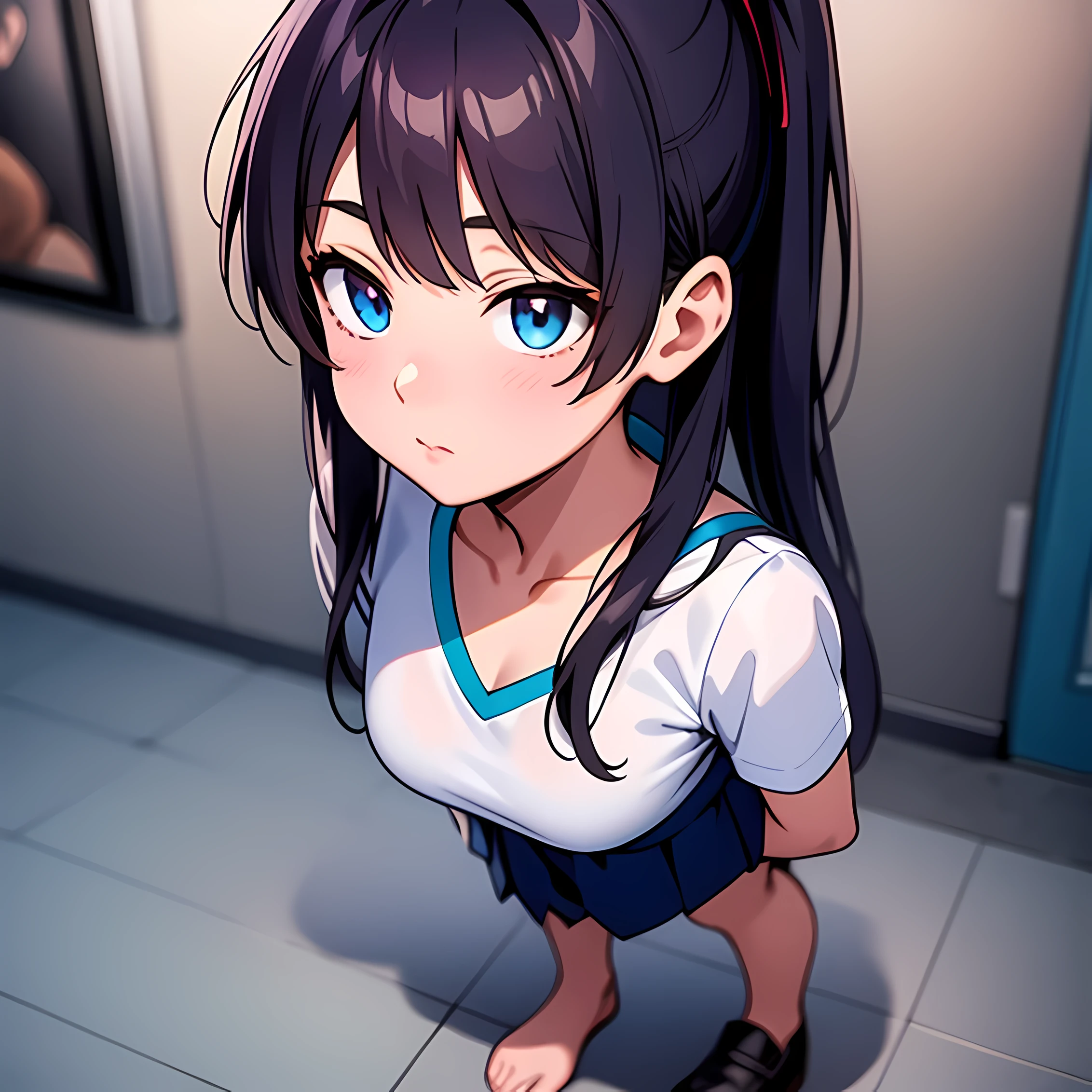 High Quality, 4K, In Frame, Close Up Portrait of Black Hair Woman in White Shirt and Light Blue Skirt, Photorealistic Anime Girl Render, Cute 3D Anime Girl Render, April Rendering, Anime VTuber Full Body Model, Full Body Xianxia, Live2D Virtual Youtuber Model, Smooth Anime CG Art, Realistic Portrait Full Body Realistic anime 3D style, photorealistic full body