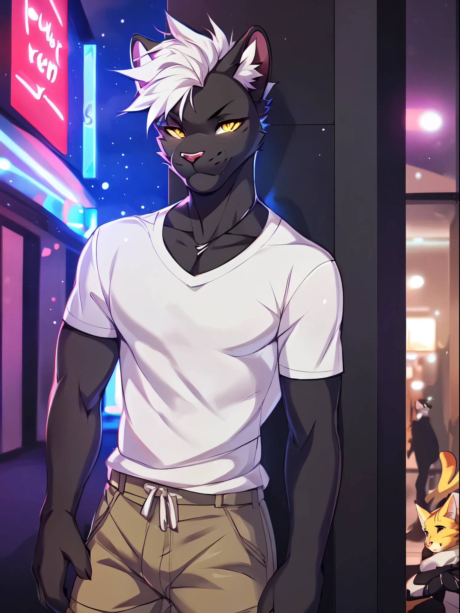 Solo, male, a cute grey anthro furry panther boy, a single panther tail, muscular, white hair, faux hawk hair, yellow cat eyes, by fumiko, by hyattlen, by zackary911, indoors, white shirt, khaki shorts, standing, buff, arms crossed, front view, leaning his back against a wall, standing next to a busy club entrance, nighttime, bar lights