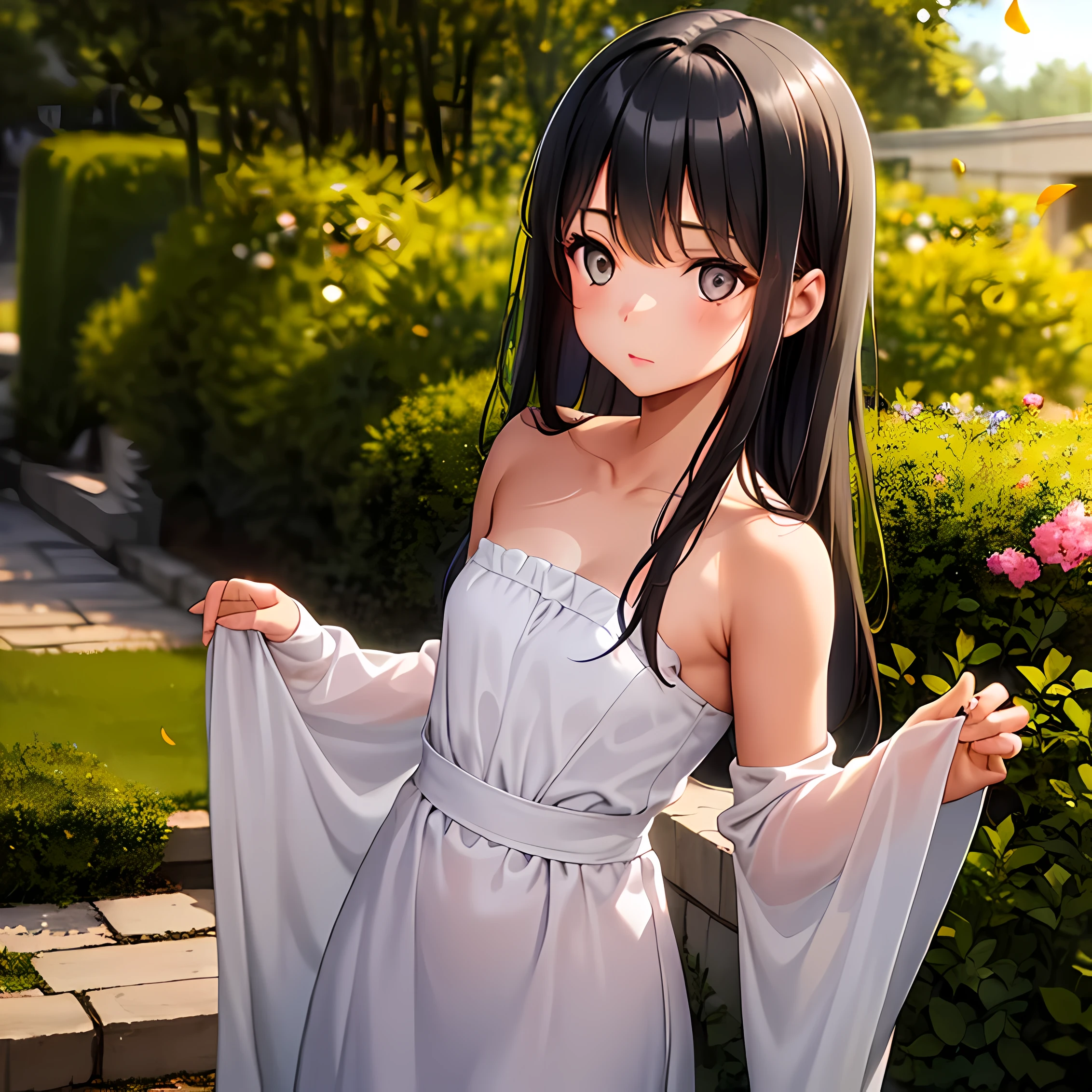 (***********: 1.5), lace, ribbon, Hanfu, (masterpiece, side light, delicate and beautiful gray eyes: 1.2), masterpiece, realistic, glowing eyes, shiny hair, dark hair, long hair, shiny skin, solo, awkward, strapless, delicate, beautiful, garden, flowers, fluttering petals,